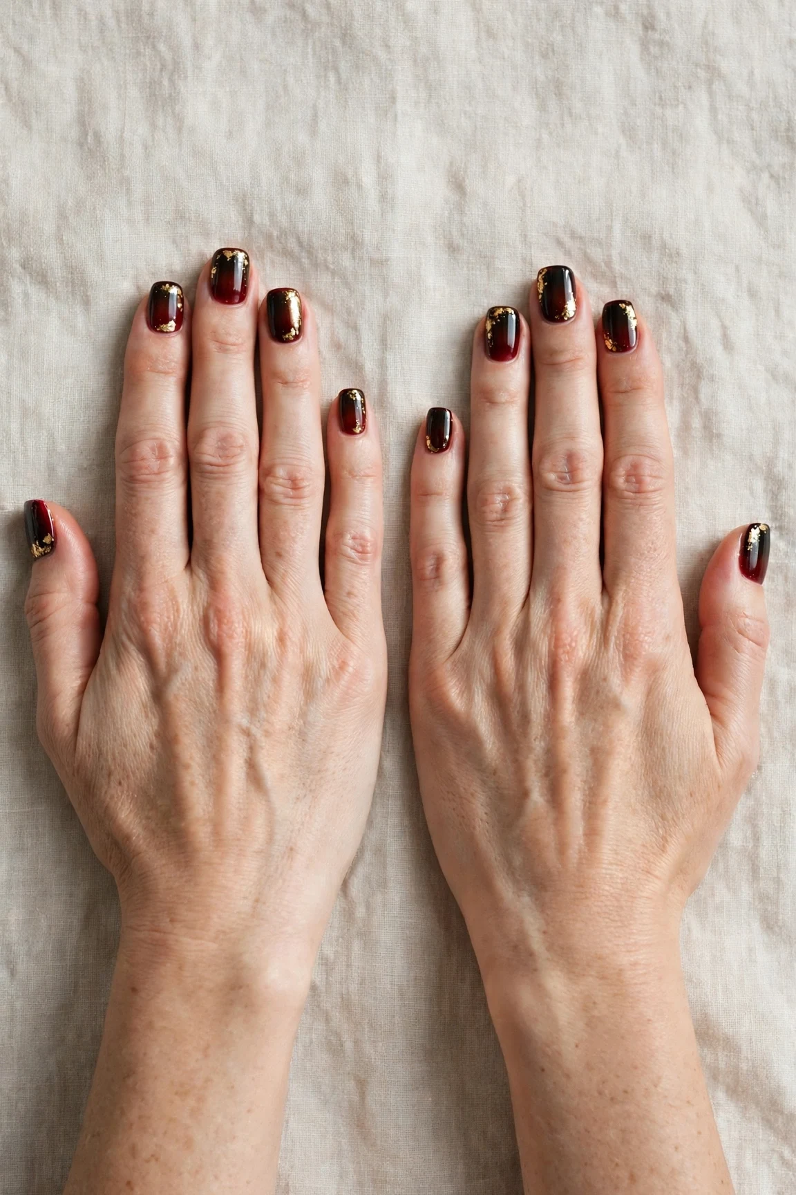 Short Square Cherry Cola Ombre Nails with a glassy gel finish and gold foil accents