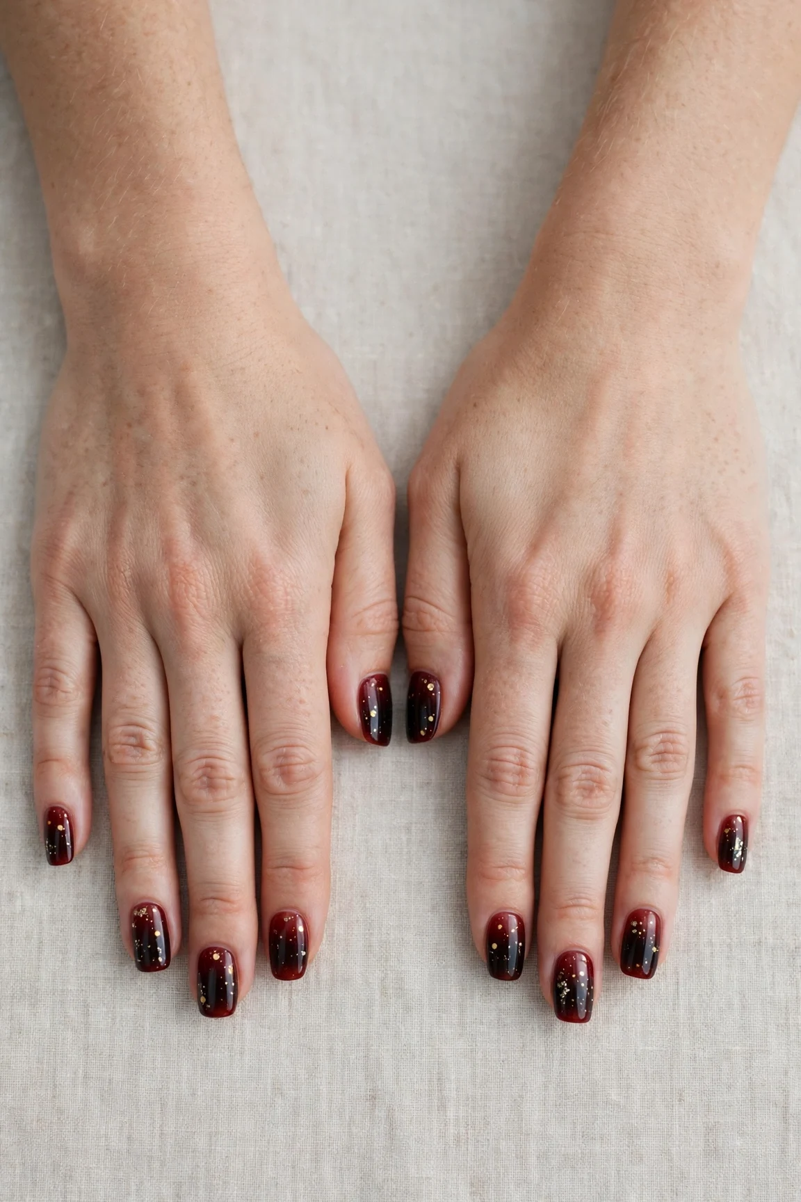 Squoval Cherry Cola Ombre Nails with a sheer jelly finish and tiny gold dots