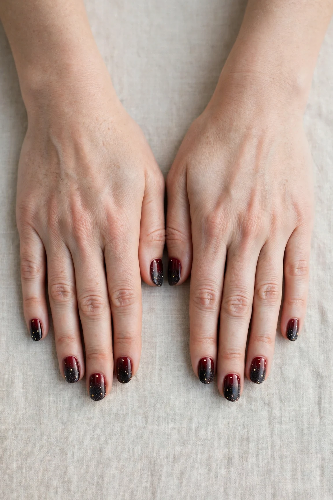 Short Round Cherry Cola Ombre Nails with a frosted shimmer finish and tiny gold dots