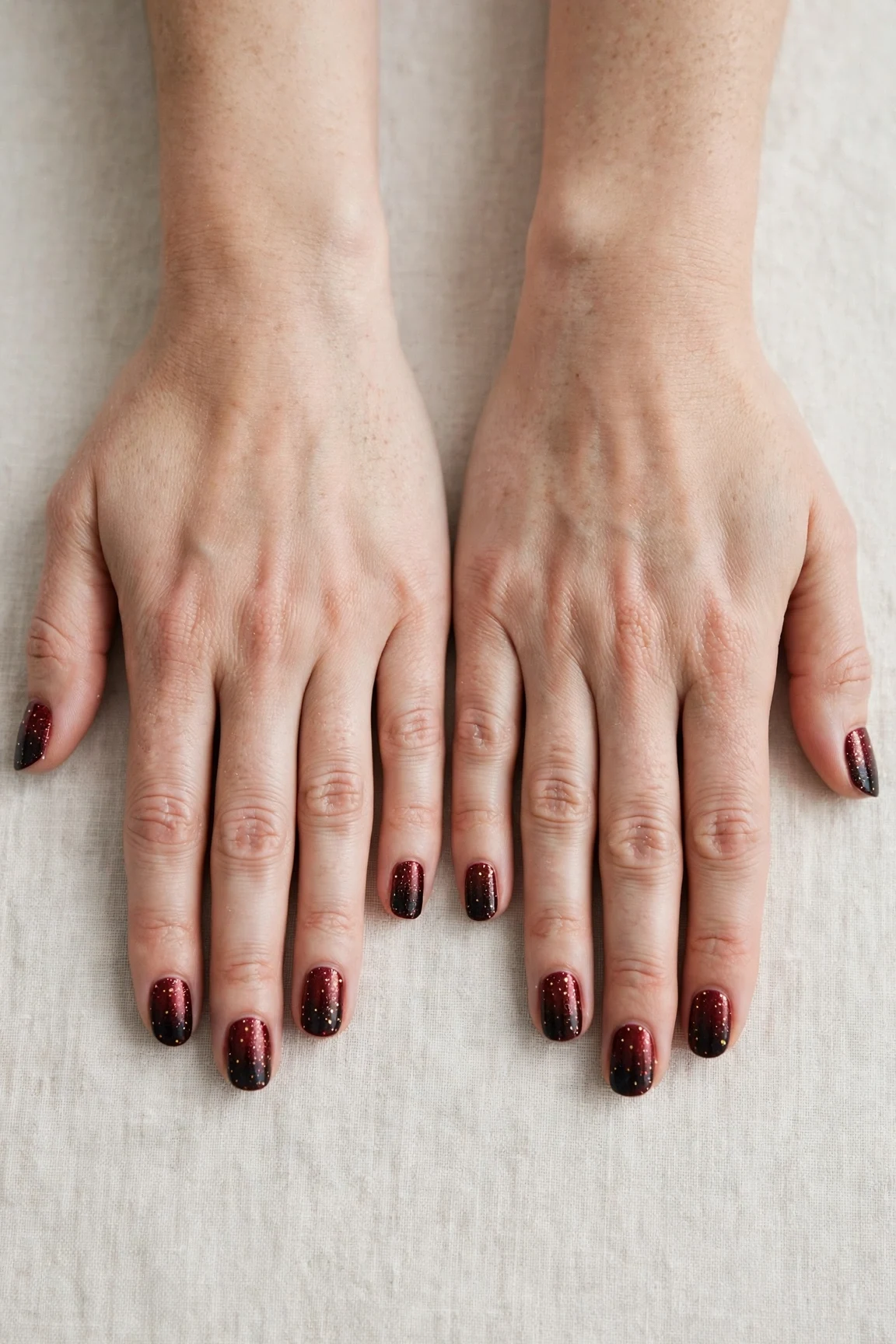 Short Oval Cherry Cola Ombre Nails with a glitter gradient finish and tiny gold dots