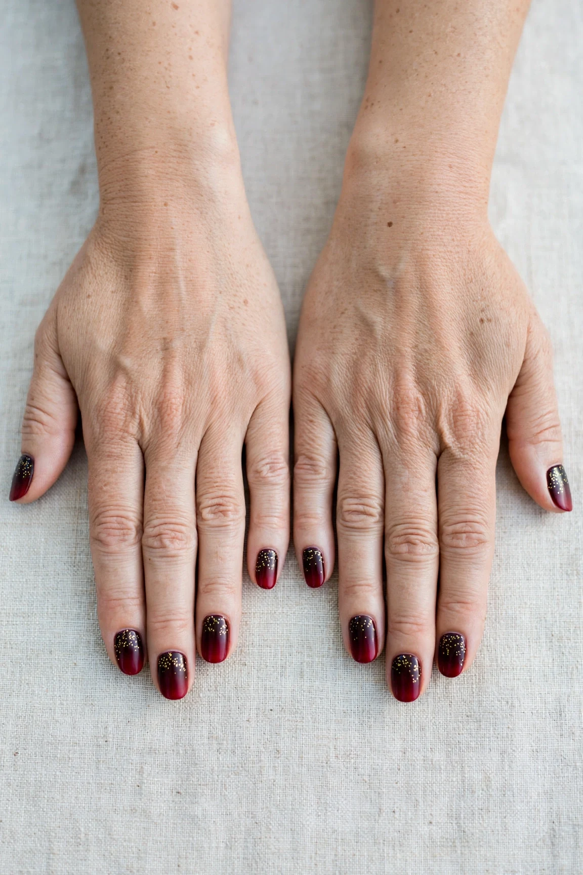 Oval Cherry Cola Ombre Nails with a satin finish and tiny gold dots