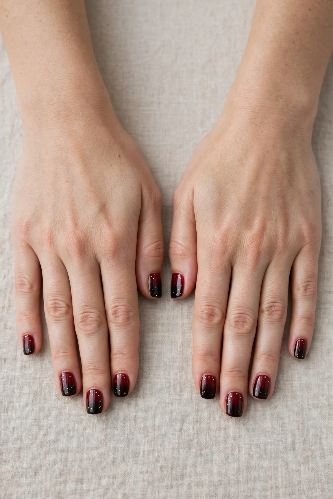 Short Square Cherry Cola Ombre Nails with a glassy gel finish and tiny gold dots