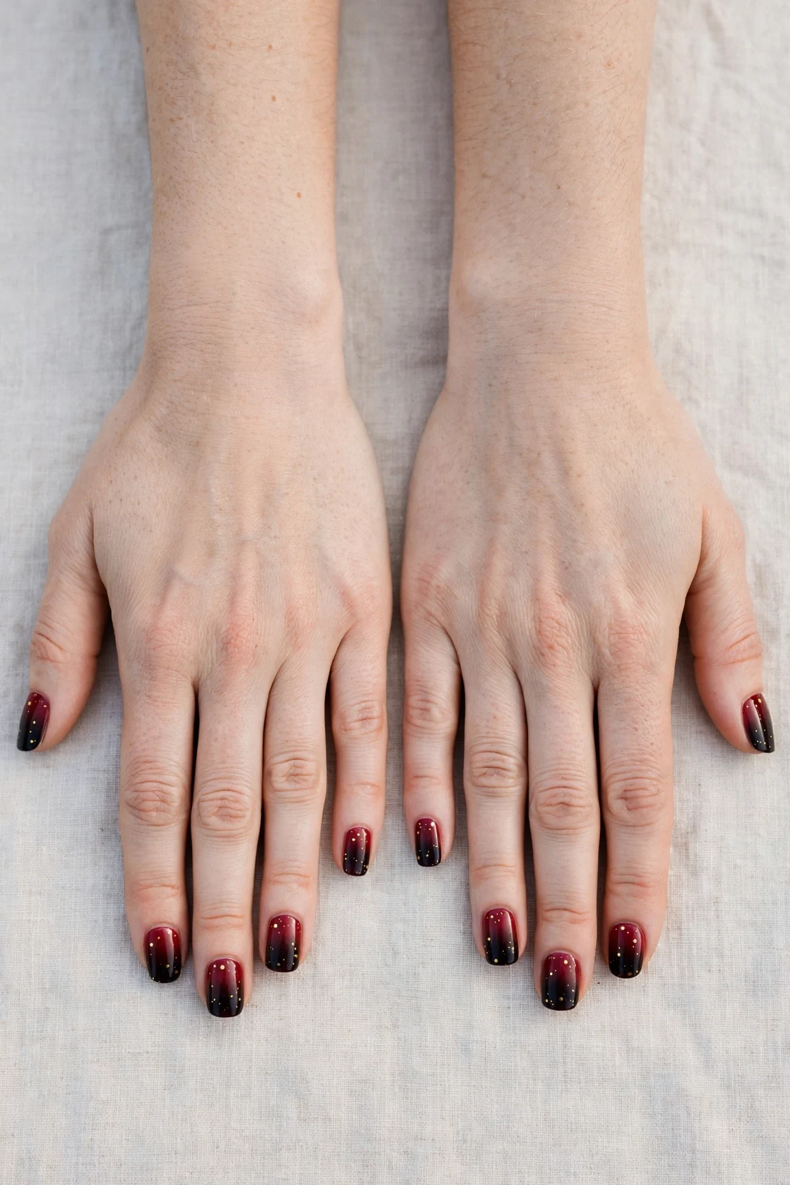 Squoval Cherry Cola Ombre Nails with a creamy opaque finish and tiny gold dots