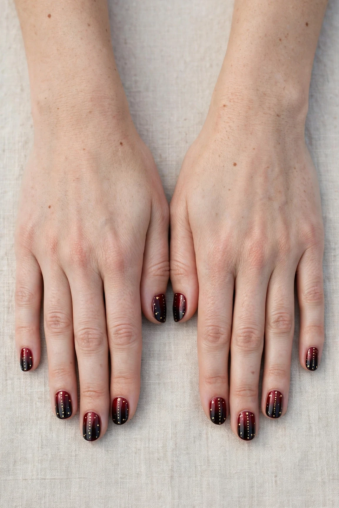 Short Round Cherry Cola Ombre Nails with a deep glossy shine and tiny gold dots