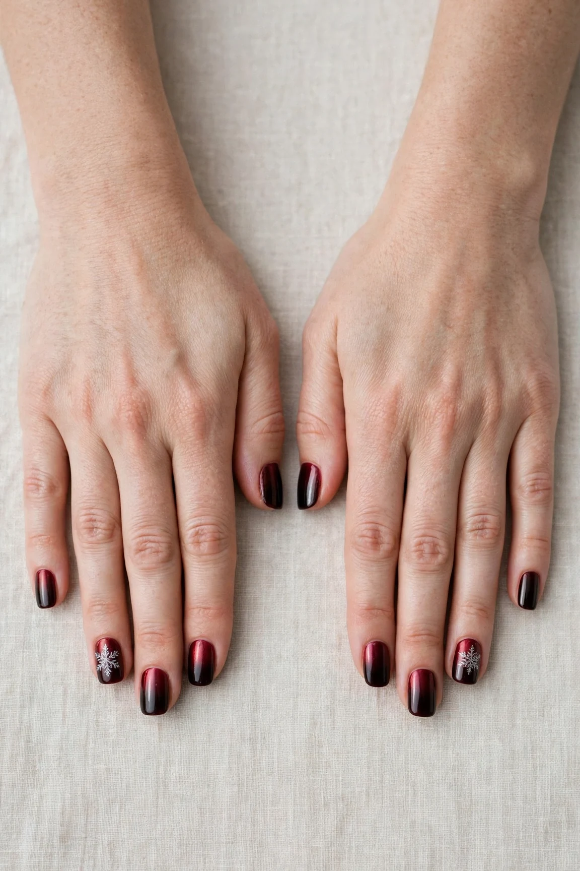 Short Square Cherry Cola Ombre Nails with a chrome shine and a delicate snowflake on the ring finger