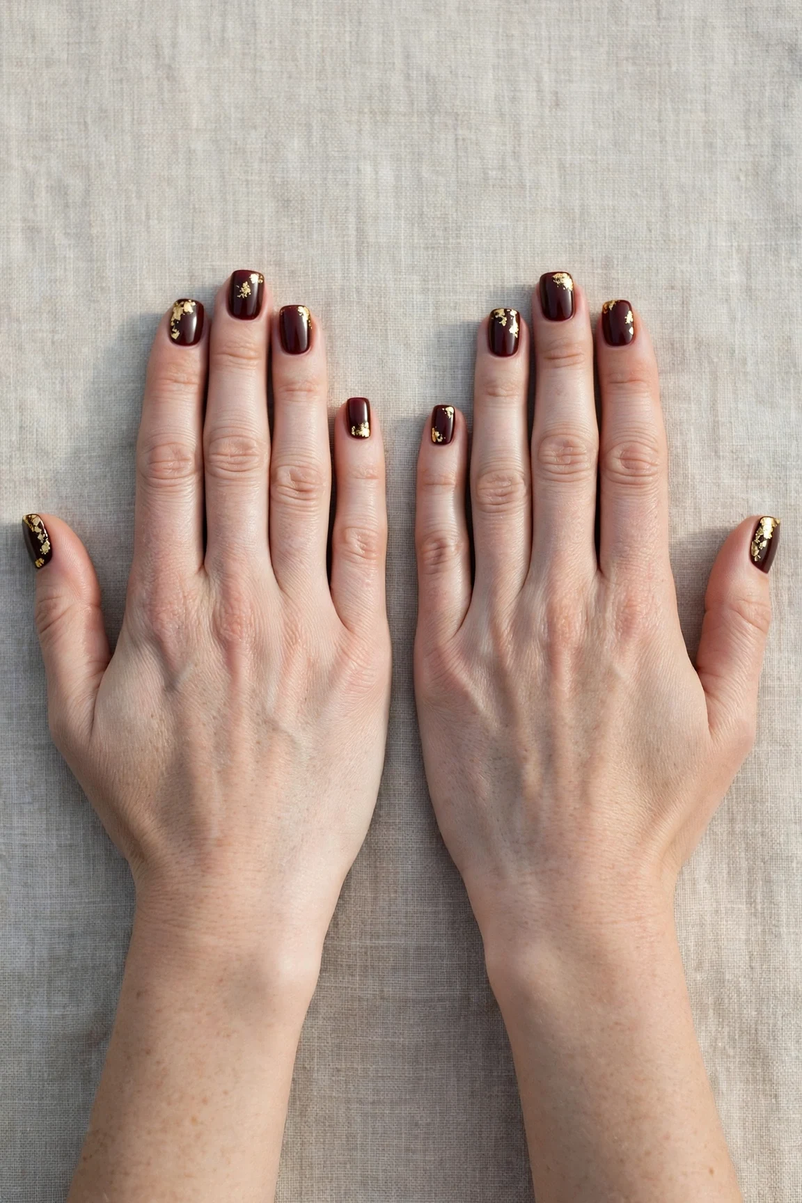 38 Cherry Cola Short Square Nails For January Office Wear That Are Chic, Warm and Elegant 2 Cherry Cola Short Square Nails with a high-gloss finish and gold foil accents