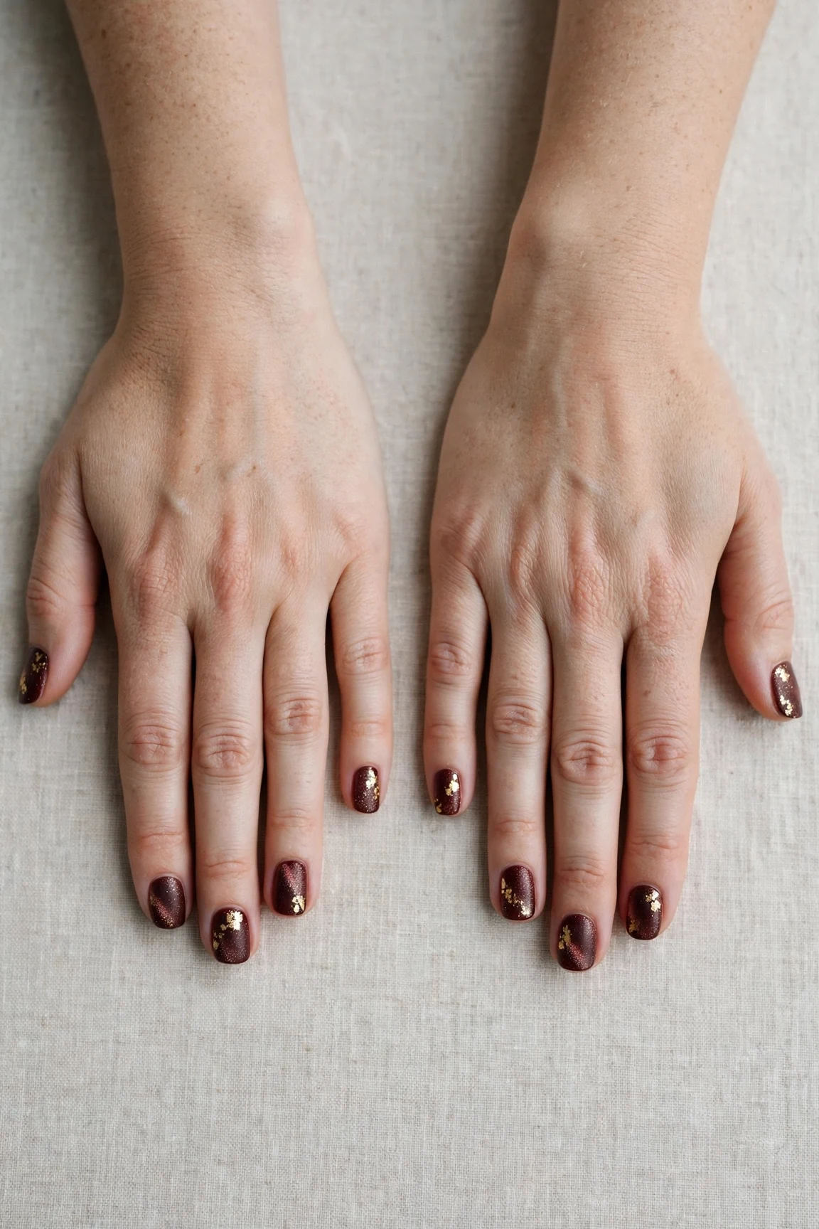 38 Cherry Cola Short Square Nails For January Office Wear That Are Chic, Warm and Elegant 7 Cherry Cola Short Square Nails with a frosted shimmer finish and gold foil accents