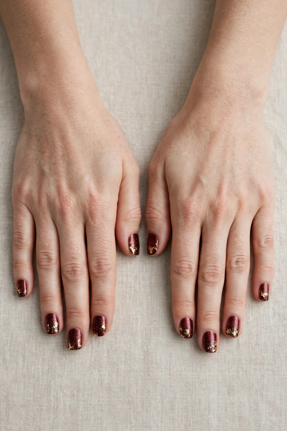 38 Cherry Cola Short Square Nails For January Office Wear That Are Chic, Warm and Elegant 8 Cherry Cola Short Square Nails with a glitter gradient finish and gold foil accents