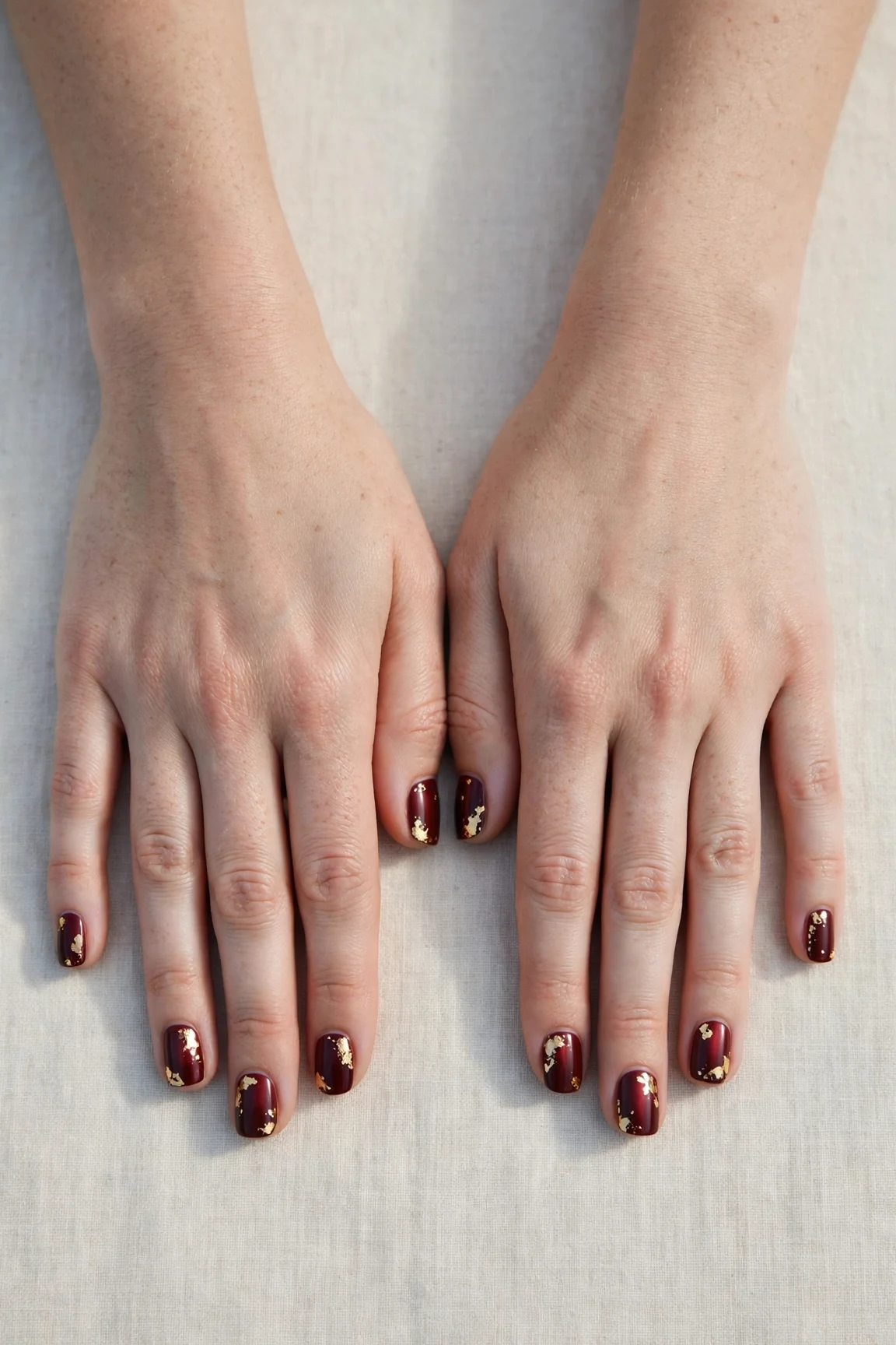 38 Cherry Cola Short Square Nails For January Office Wear That Are Chic, Warm and Elegant 10 Cherry Cola Short Square Nails with a satin finish and gold foil accents
