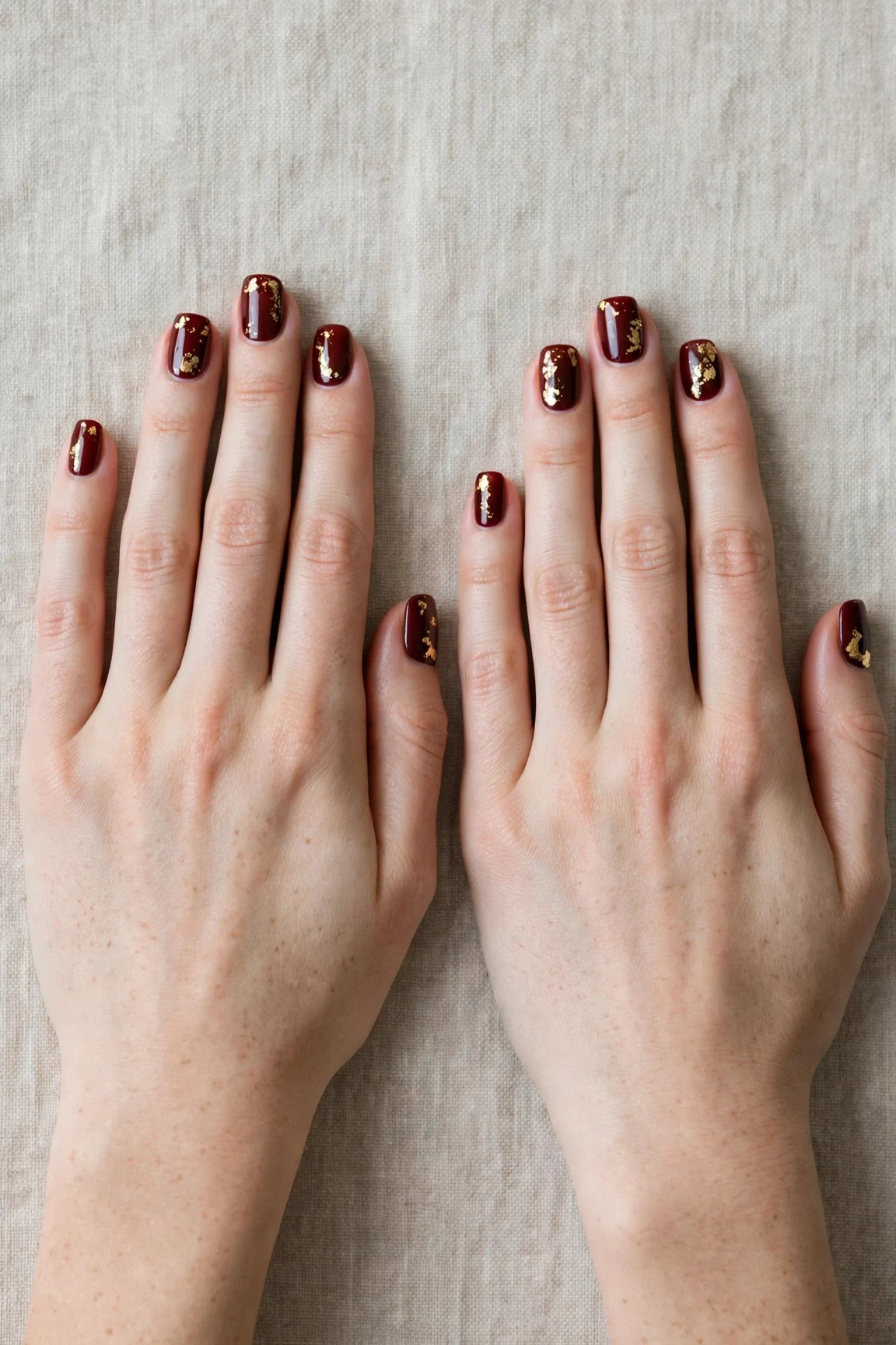 38 Cherry Cola Short Square Nails For January Office Wear That Are Chic, Warm and Elegant 11 Cherry Cola Short Square Nails with a glassy gel finish and gold foil accents