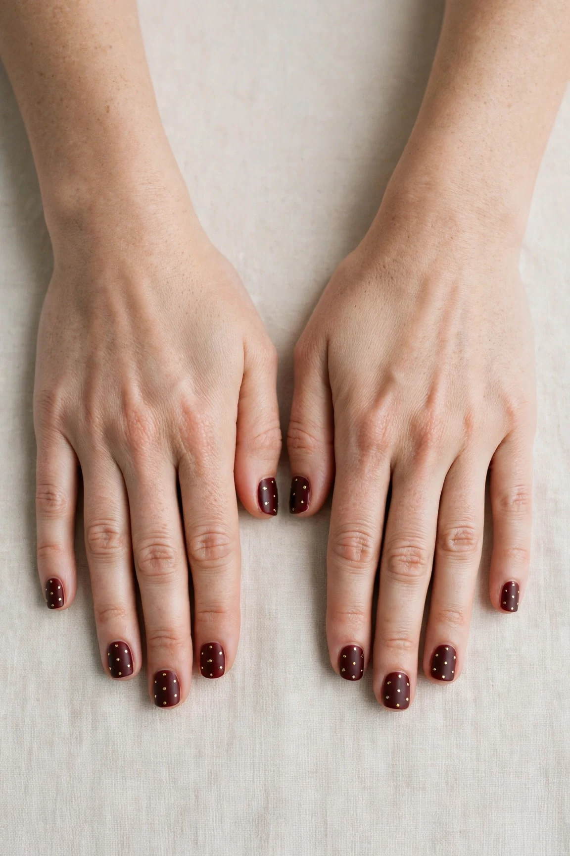 38 Cherry Cola Short Square Nails For January Office Wear That Are Chic, Warm and Elegant 15 Cherry Cola Short Square Nails with a soft matte finish and tiny gold dots