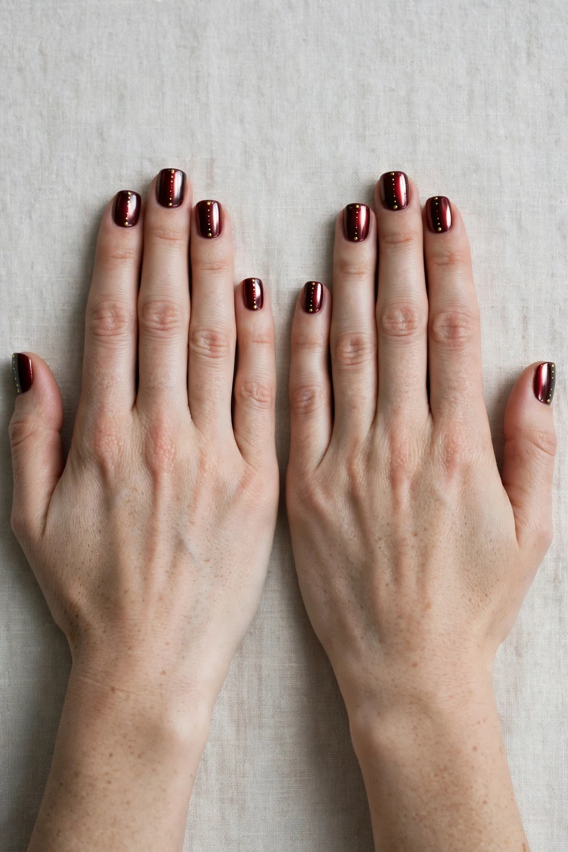 38 Cherry Cola Short Square Nails For January Office Wear That Are Chic, Warm and Elegant 17 Cherry Cola Short Square Nails with a chrome shine and tiny gold dots
