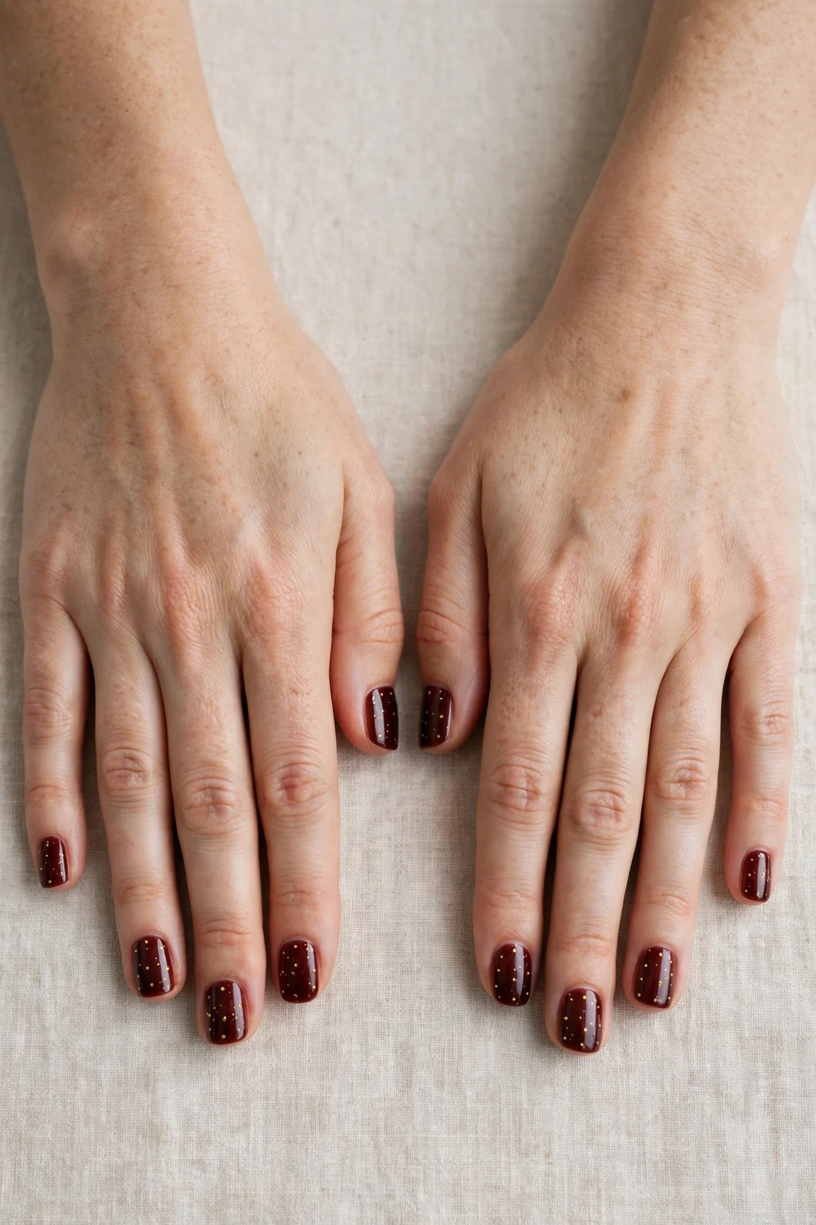 38 Cherry Cola Short Square Nails For January Office Wear That Are Chic, Warm and Elegant 18 Cherry Cola Short Square Nails with a sheer jelly finish and tiny gold dots