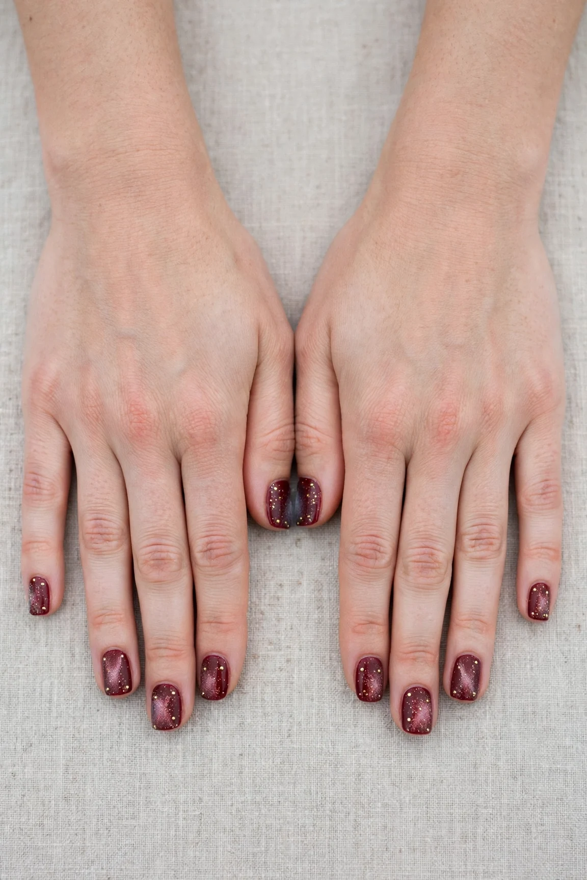 38 Cherry Cola Short Square Nails For January Office Wear That Are Chic, Warm and Elegant 19 Cherry Cola Short Square Nails with a frosted shimmer finish and tiny gold dots