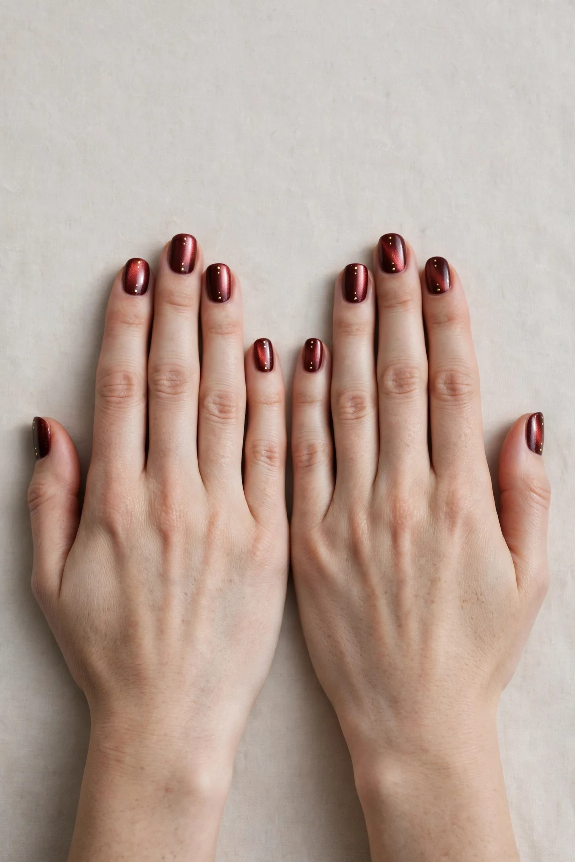38 Cherry Cola Short Square Nails For January Office Wear That Are Chic, Warm and Elegant 21 Cherry Cola Short Square Nails with a pearl shimmer finish and tiny gold dots