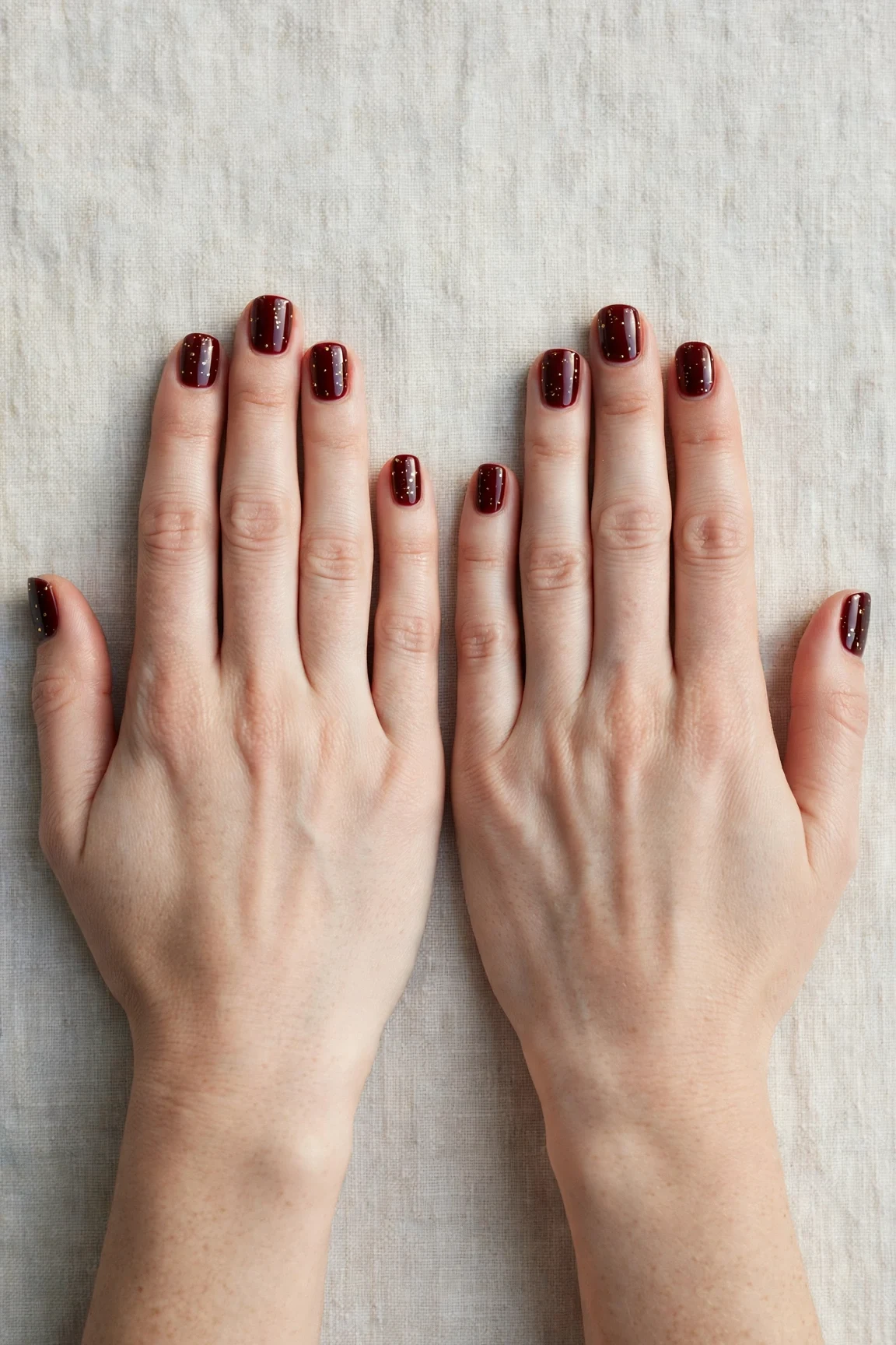 38 Cherry Cola Short Square Nails For January Office Wear That Are Chic, Warm and Elegant 23 Cherry Cola Short Square Nails with a glassy gel finish and tiny gold dots
