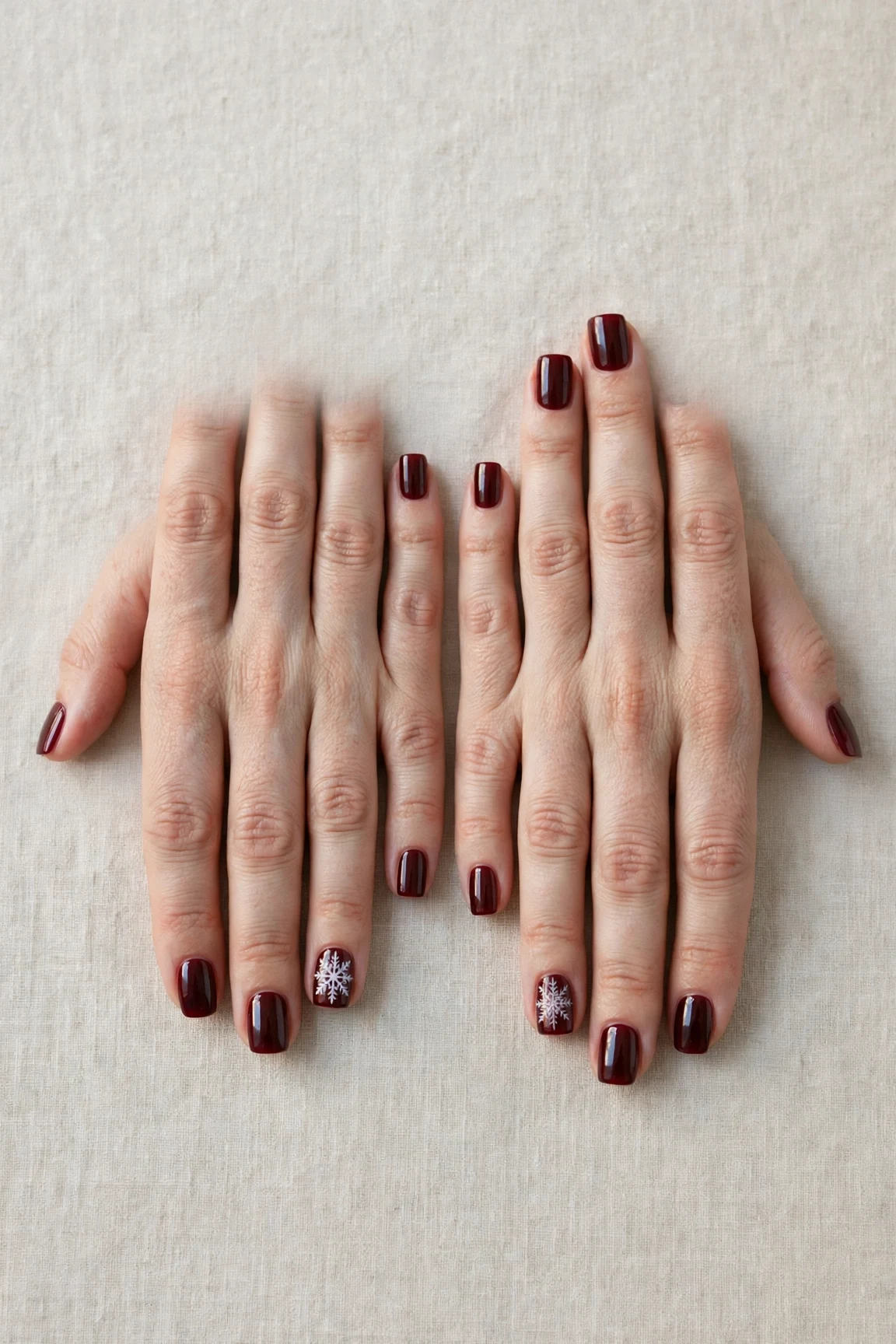 38 Cherry Cola Short Square Nails For January Office Wear That Are Chic, Warm and Elegant 26 Cherry Cola Short Square Nails with a high-gloss finish and a delicate snowflake on the ring finger