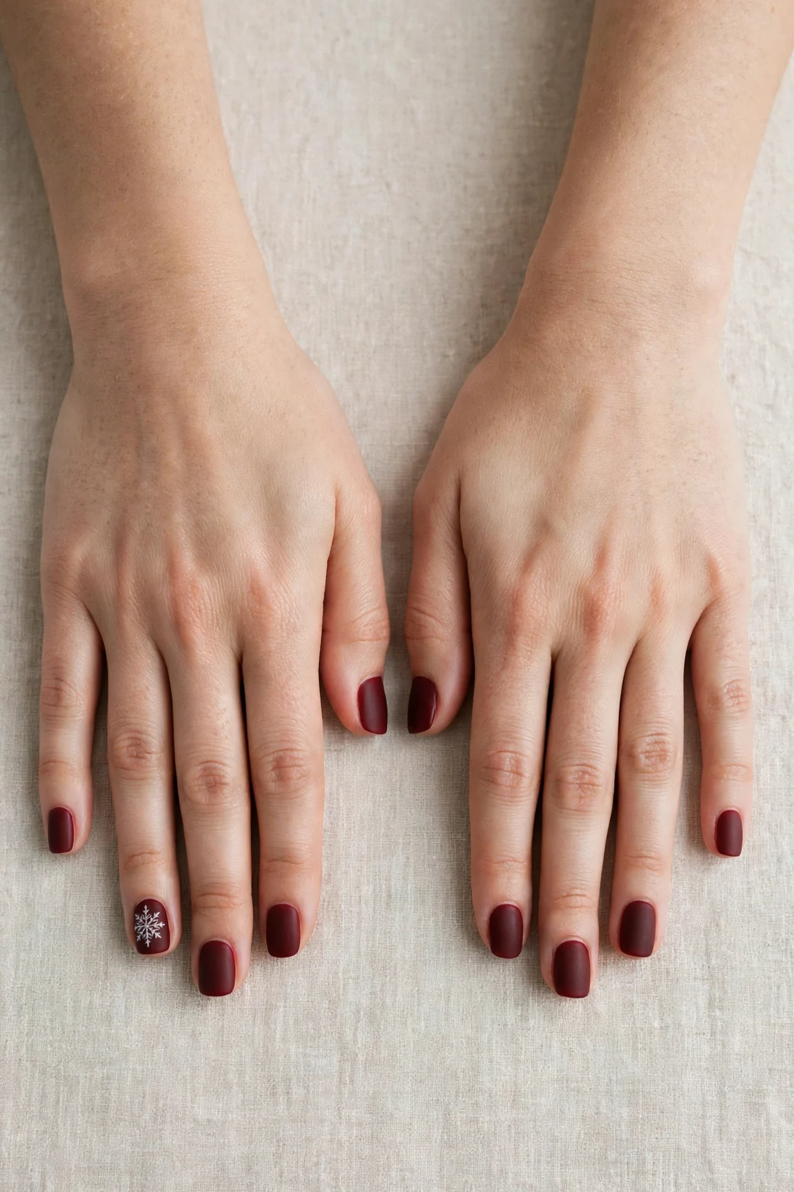 38 Cherry Cola Short Square Nails For January Office Wear That Are Chic, Warm and Elegant 27 Cherry Cola Short Square Nails with a soft matte finish and a delicate snowflake on the ring finger