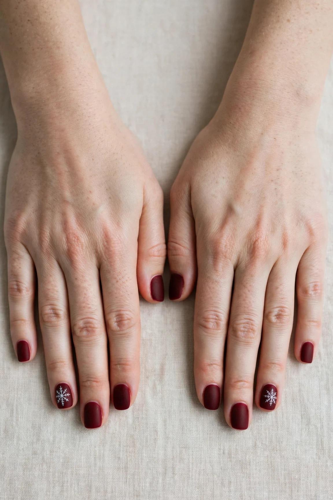 38 Cherry Cola Short Square Nails For January Office Wear That Are Chic, Warm and Elegant 28 Cherry Cola Short Square Nails with a velvet matte finish and a delicate snowflake on the ring finger