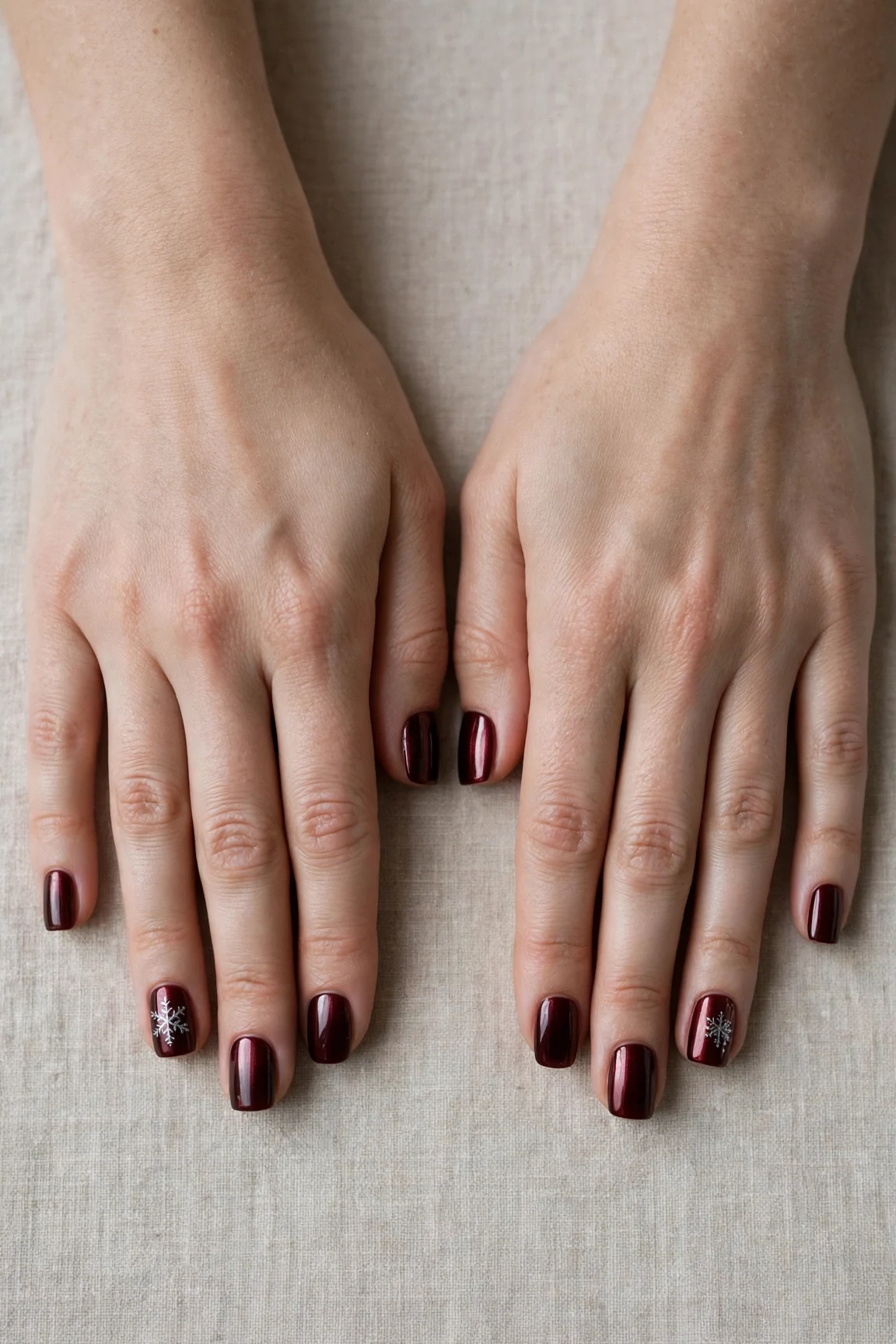 38 Cherry Cola Short Square Nails For January Office Wear That Are Chic, Warm and Elegant 29 Cherry Cola Short Square Nails with a chrome shine and a delicate snowflake on the ring finger