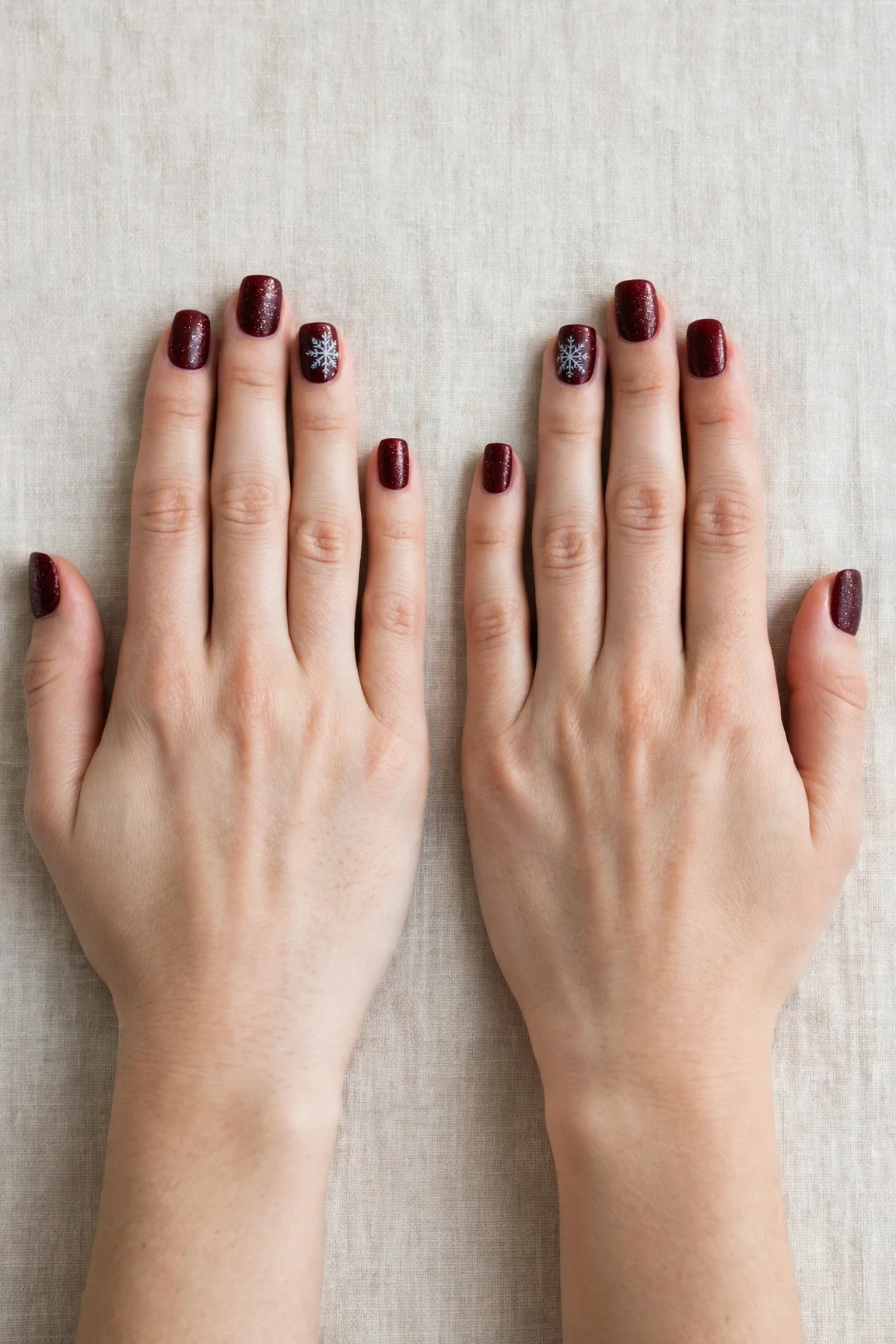 38 Cherry Cola Short Square Nails For January Office Wear That Are Chic, Warm and Elegant 31 Cherry Cola Short Square Nails with a frosted shimmer finish and a delicate snowflake on the ring finger
