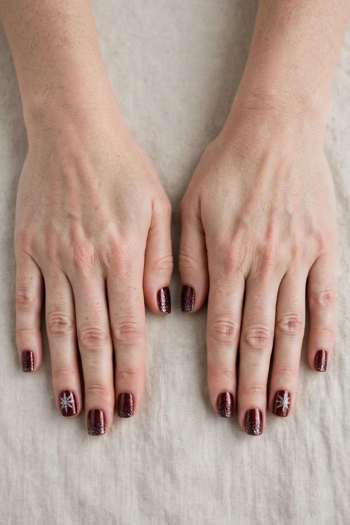 38 Cherry Cola Short Square Nails For January Office Wear That Are Chic, Warm and Elegant 32 Cherry Cola Short Square Nails with a glitter gradient finish and a delicate snowflake on the ring finger