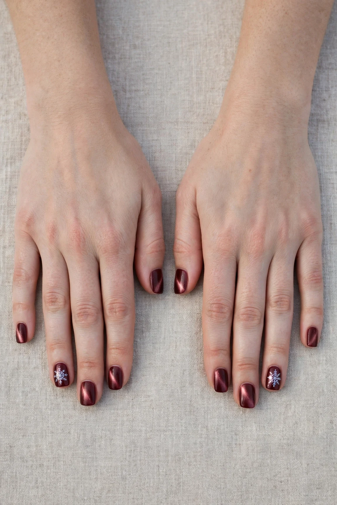 38 Cherry Cola Short Square Nails For January Office Wear That Are Chic, Warm and Elegant 33 Cherry Cola Short Square Nails with a pearl shimmer finish and a delicate snowflake on the ring finger