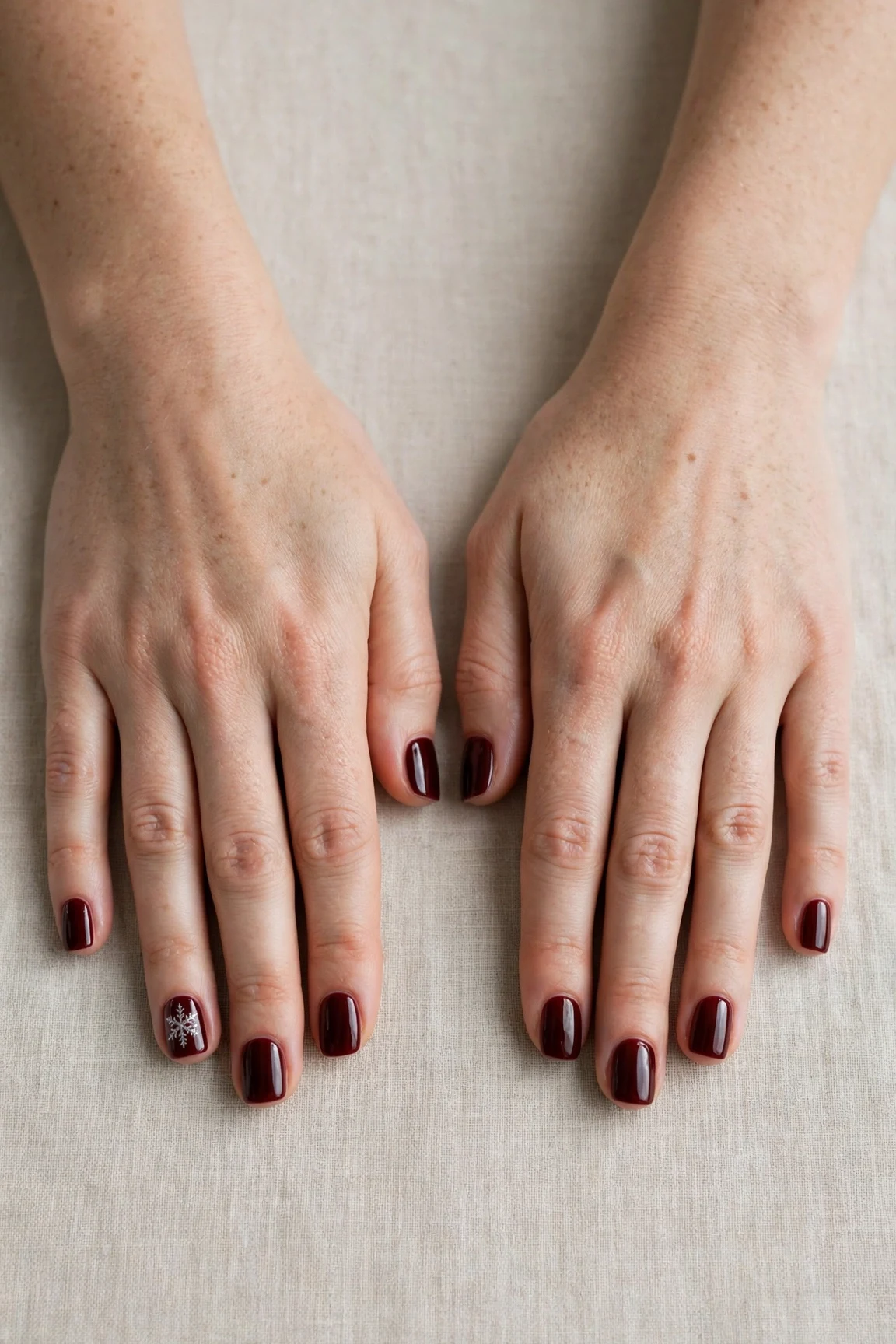 38 Cherry Cola Short Square Nails For January Office Wear That Are Chic, Warm and Elegant 35 Cherry Cola Short Square Nails with a glassy gel finish and a delicate snowflake on the ring finger