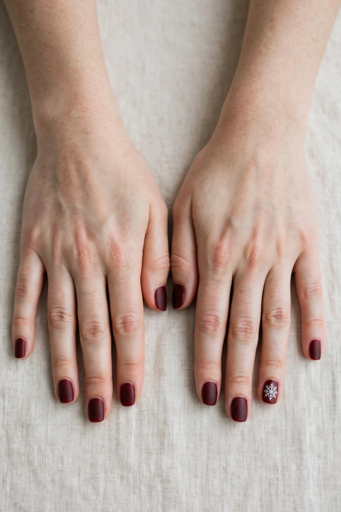 38 Cherry Cola Short Square Nails For January Office Wear That Are Chic, Warm and Elegant 36 Cherry Cola Short Square Nails with a creamy opaque finish and a delicate snowflake on the ring finger