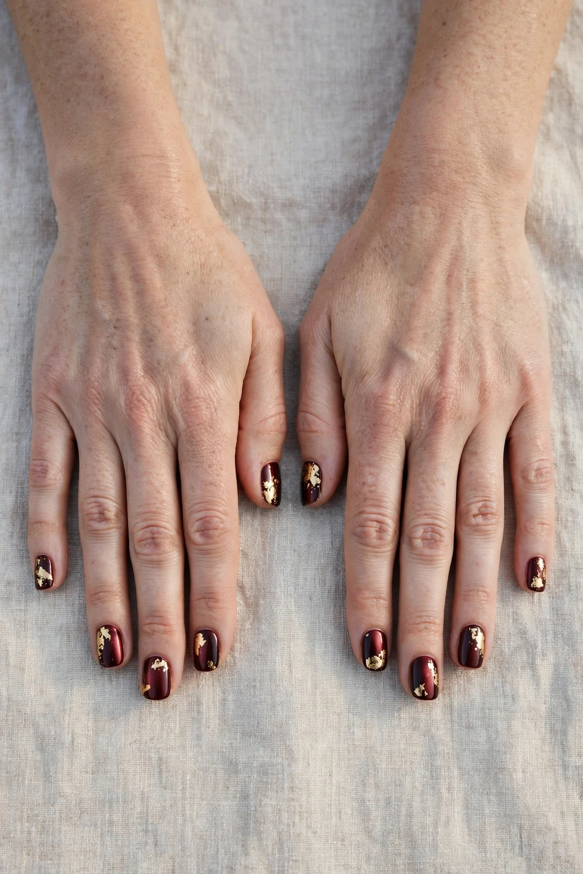 Short Square Cherry Cola Velvet Finish Nails with a chrome shine and gold foil accents