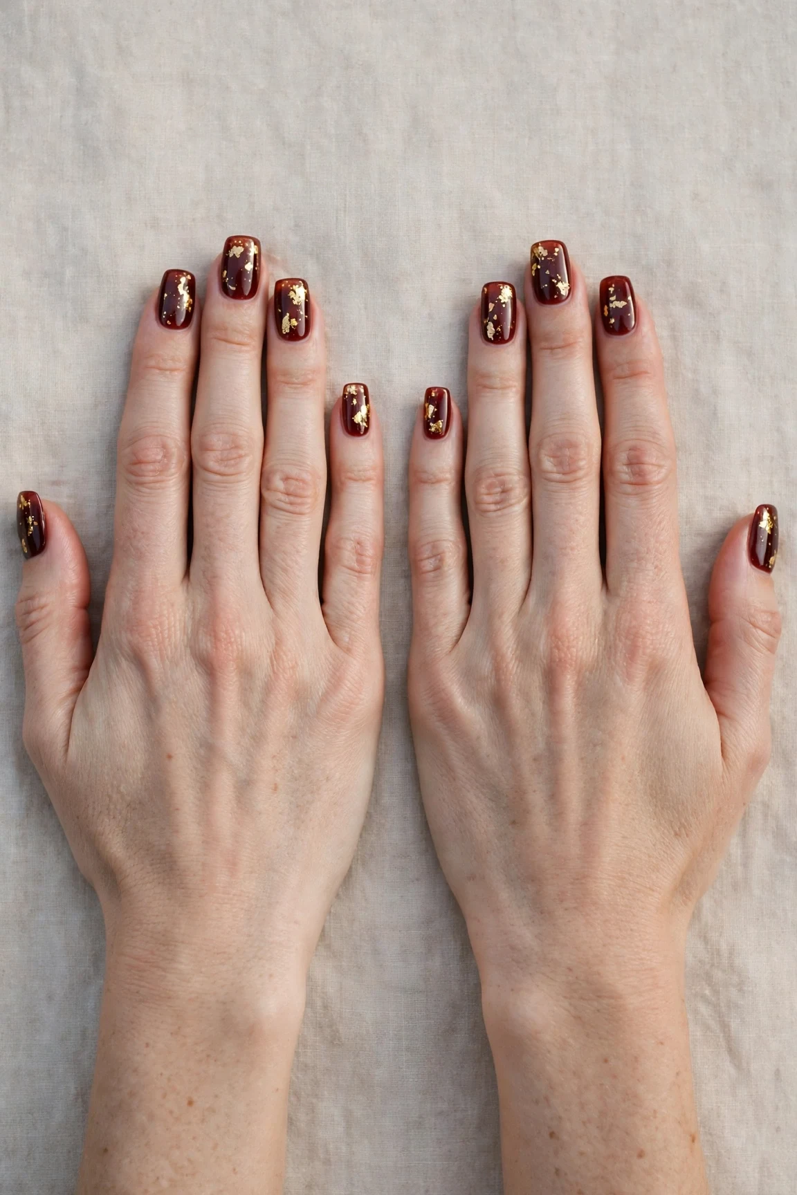 Squoval Cherry Cola Velvet Finish Nails with a sheer jelly finish and gold foil accents