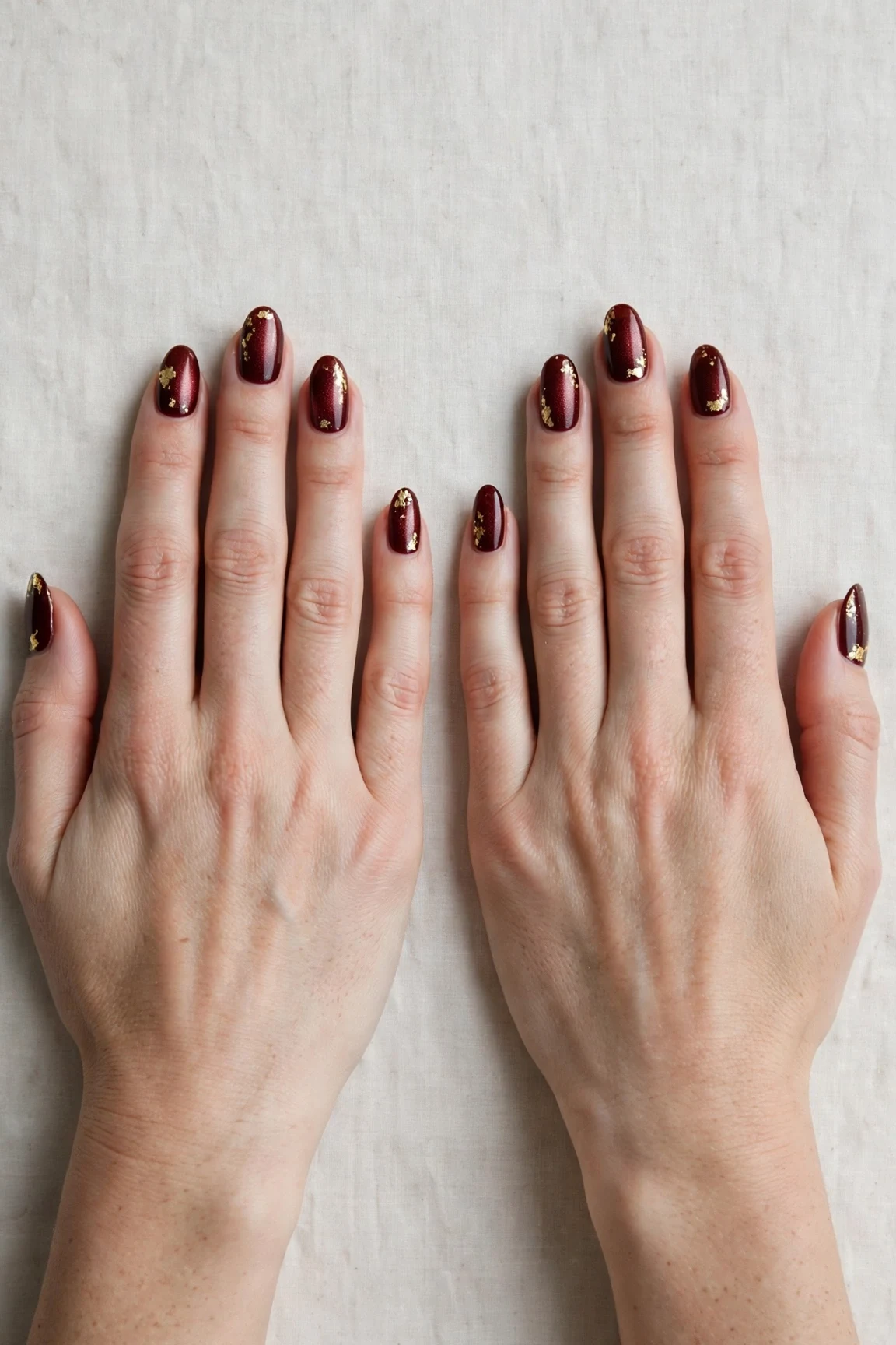 Almond Cherry Cola Velvet Finish Nails with a pearl shimmer finish and gold foil accents