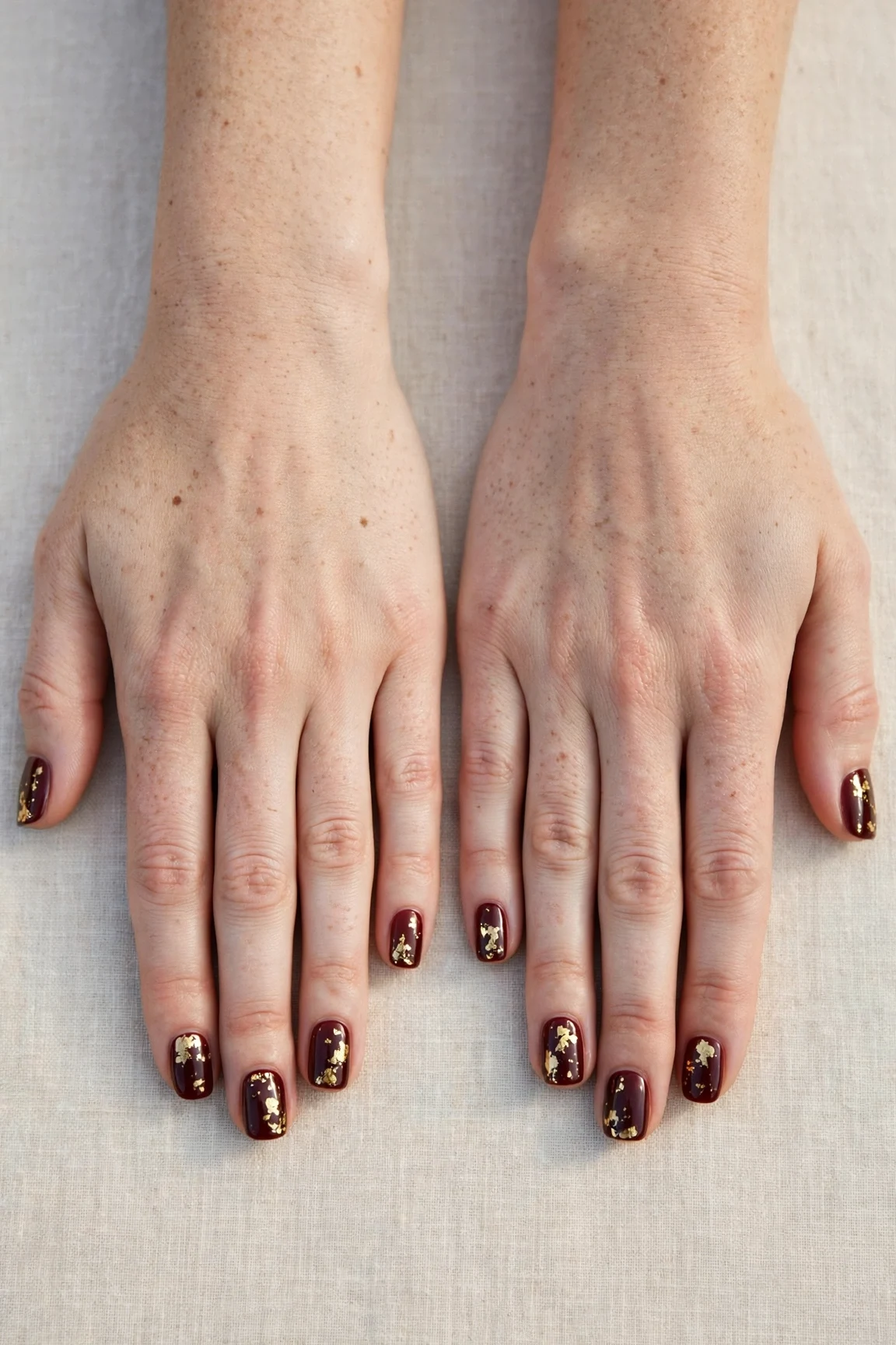 Short Square Cherry Cola Velvet Finish Nails with a glassy gel finish and gold foil accents