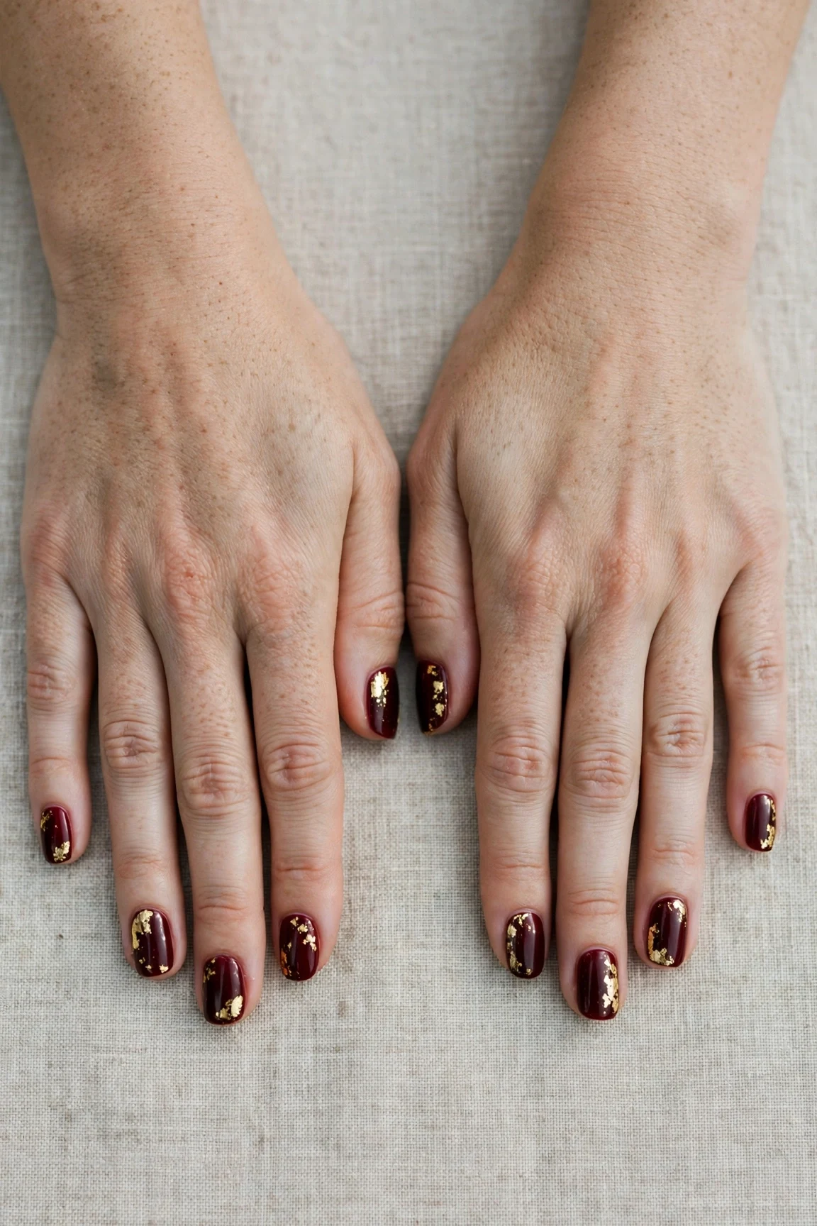 Short Round Cherry Cola Velvet Finish Nails with a deep glossy shine and gold foil accents