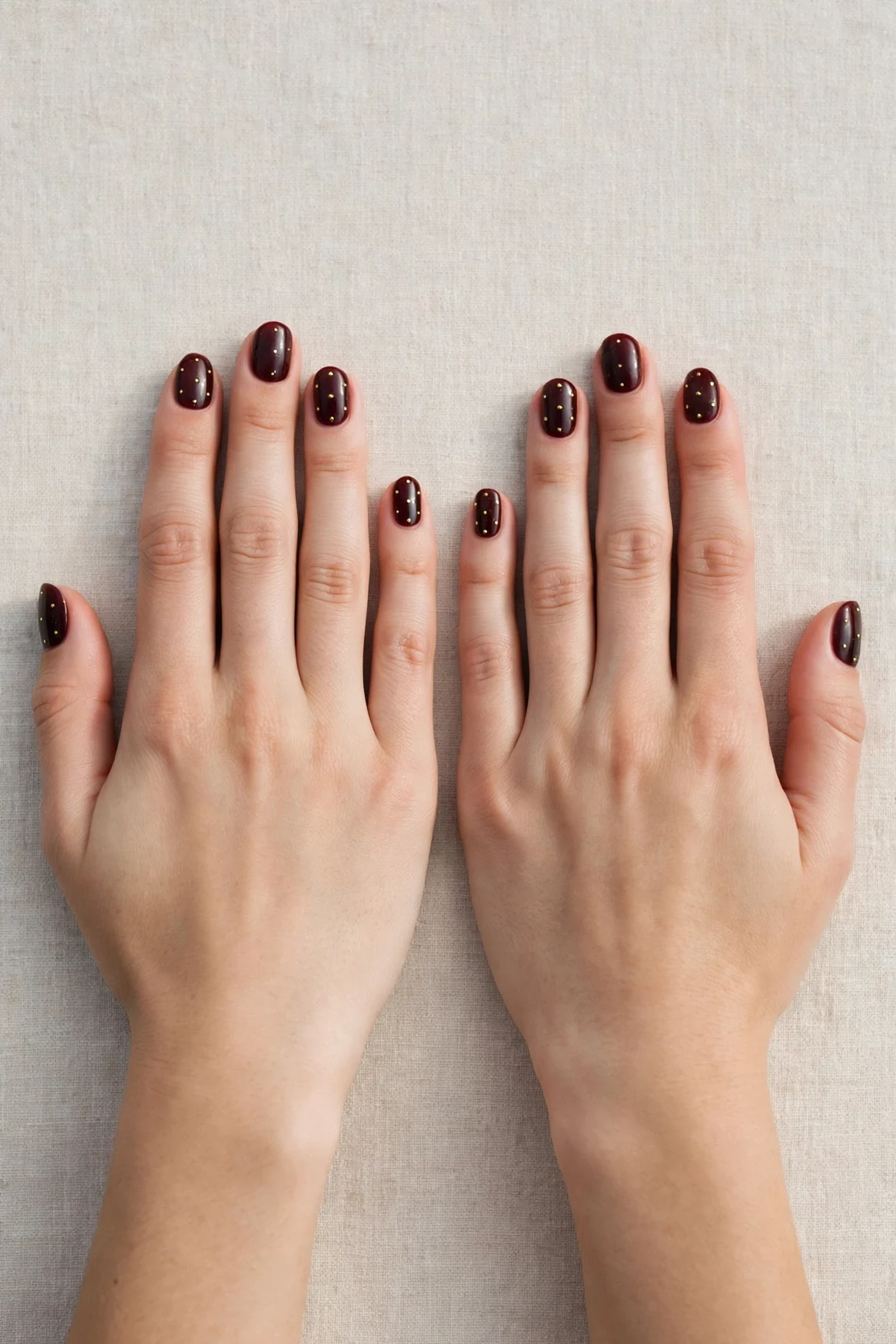 Short Oval Cherry Cola Velvet Finish Nails with a high-gloss finish and tiny gold dots