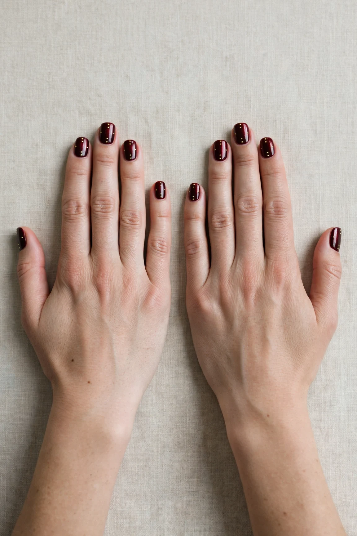 Short Square Cherry Cola Velvet Finish Nails with a chrome shine and tiny gold dots