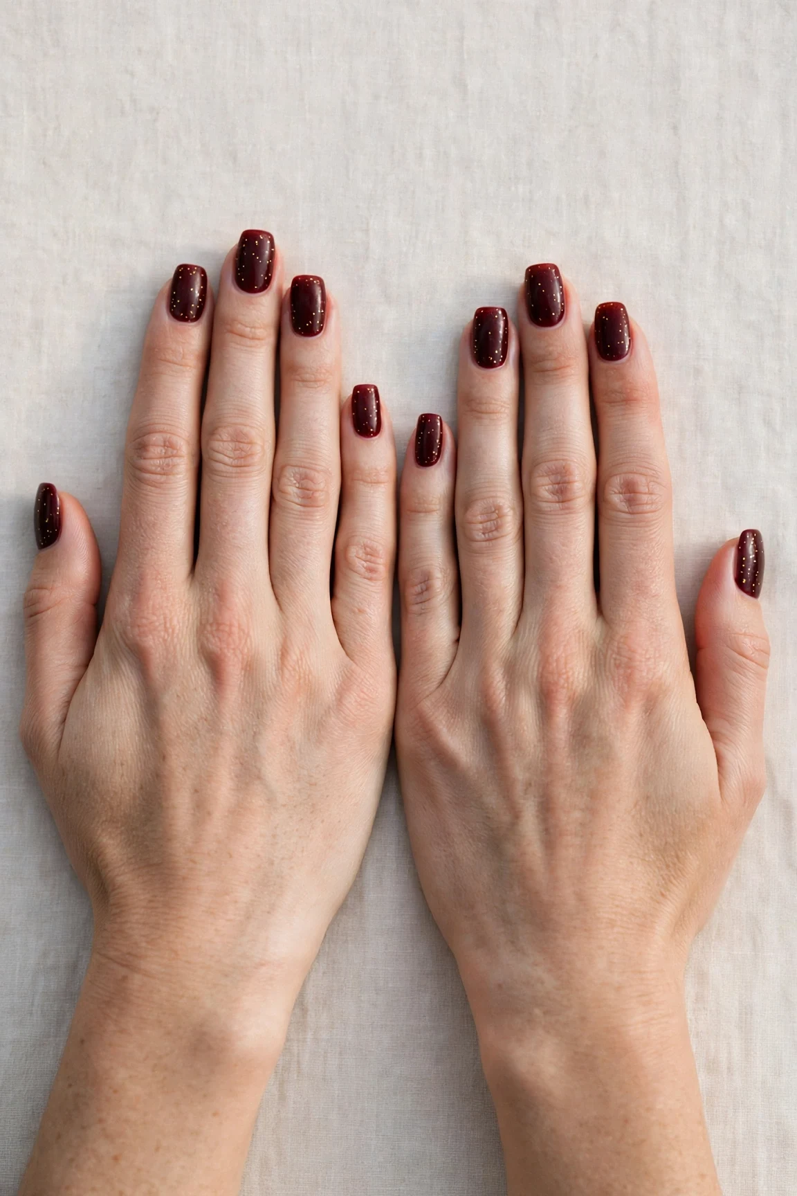 Squoval Cherry Cola Velvet Finish Nails with a creamy opaque finish and tiny gold dots