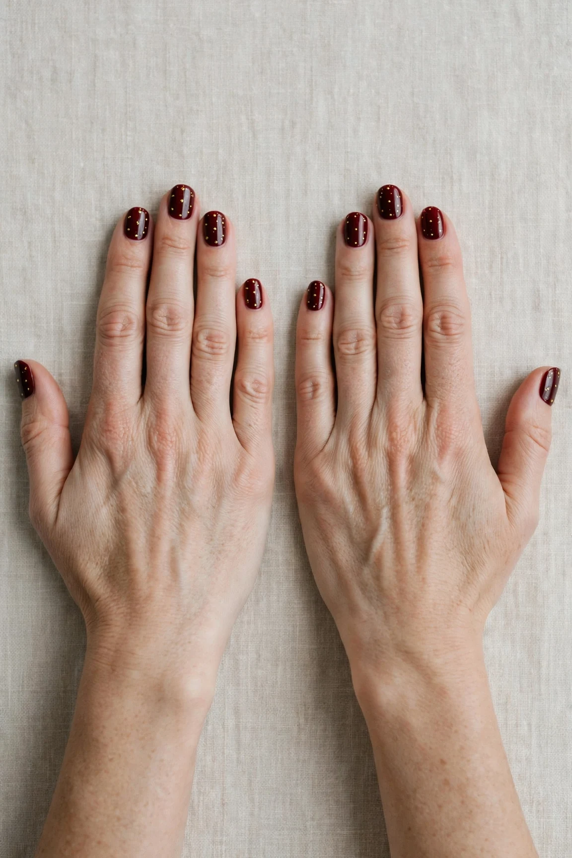 Short Round Cherry Cola Velvet Finish Nails with a deep glossy shine and tiny gold dots