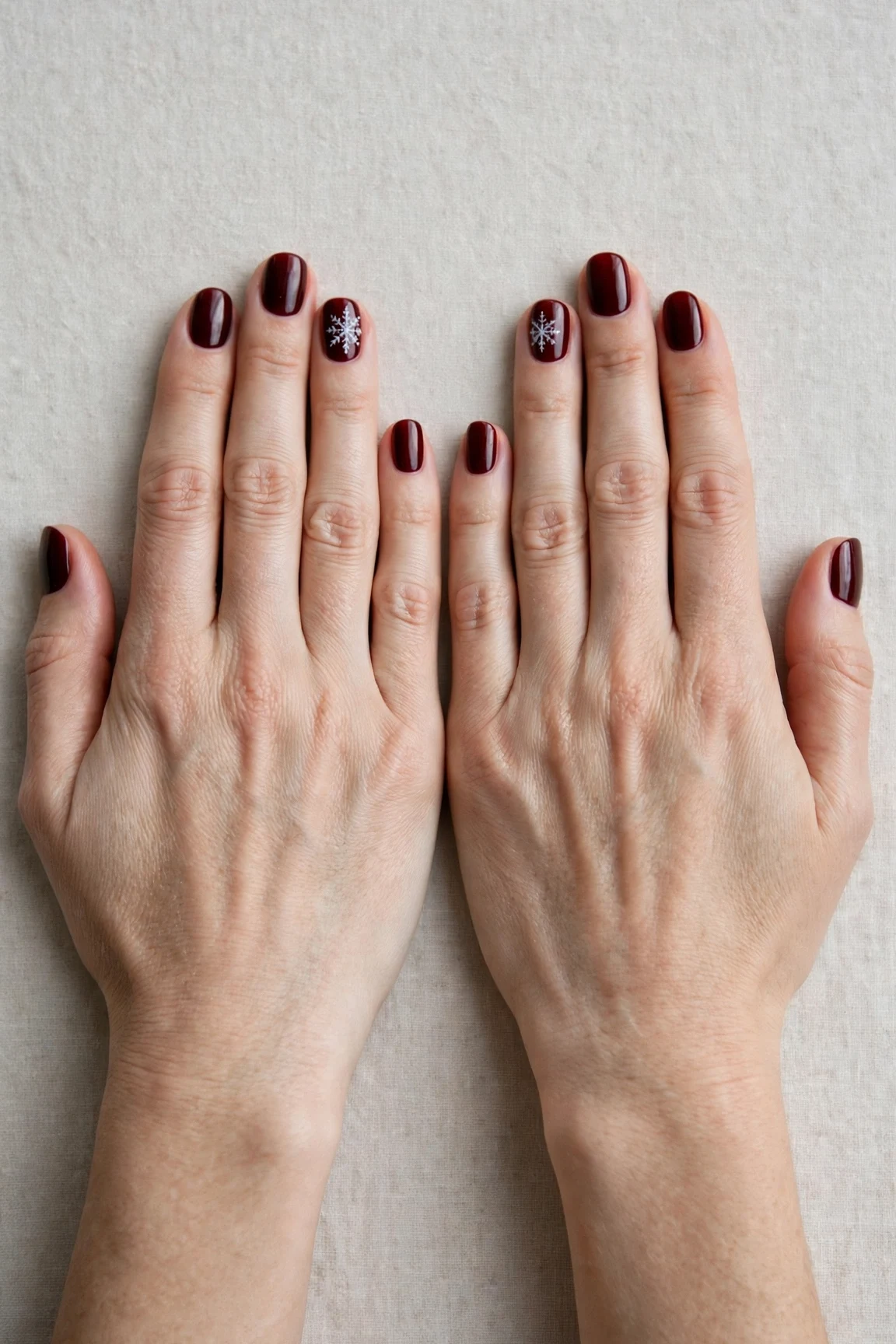 Short Oval Cherry Cola Velvet Finish Nails with a high-gloss finish and a delicate snowflake on the ring finger