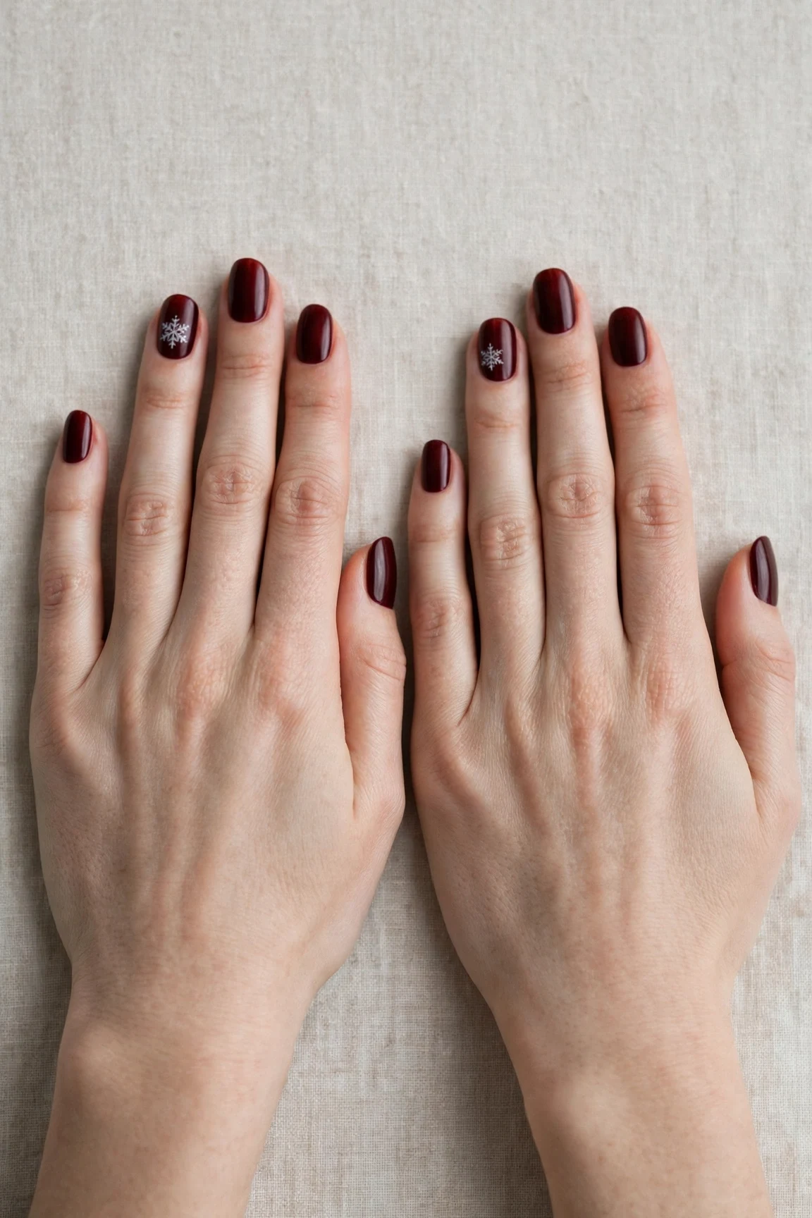 Oval Cherry Cola Velvet Finish Nails with a satin finish and a delicate snowflake on the ring finger