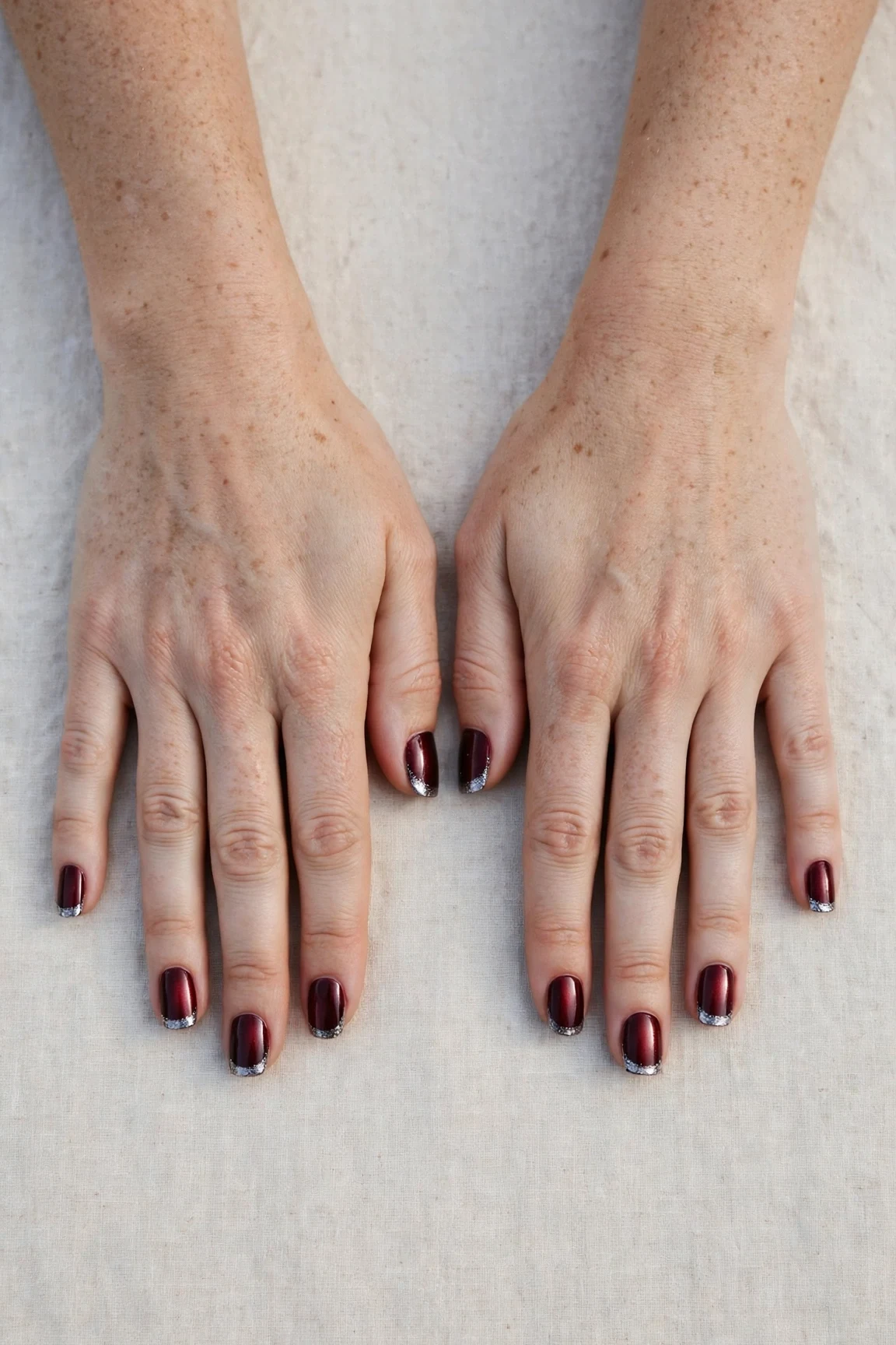 Short Square Cherry Cola Velvet Finish Nails with a chrome shine and silver shimmer tips