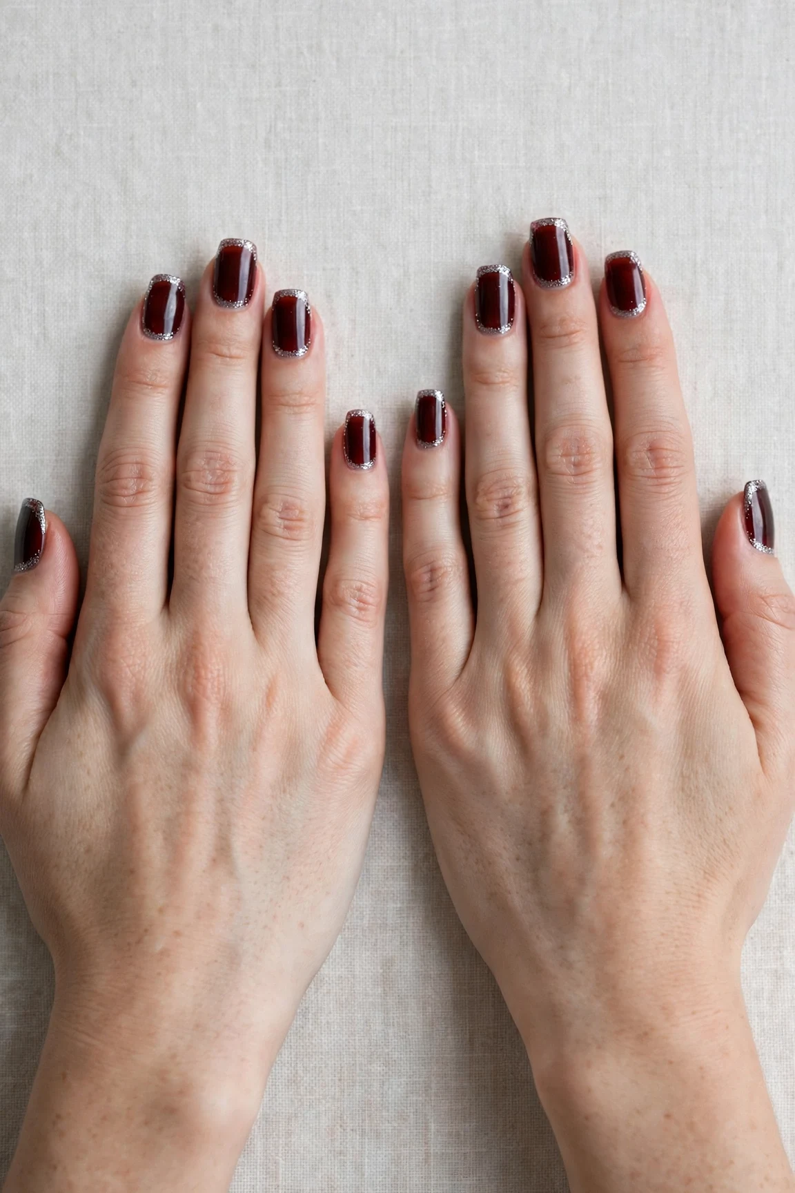 Squoval Cherry Cola Velvet Finish Nails with a sheer jelly finish and silver shimmer tips