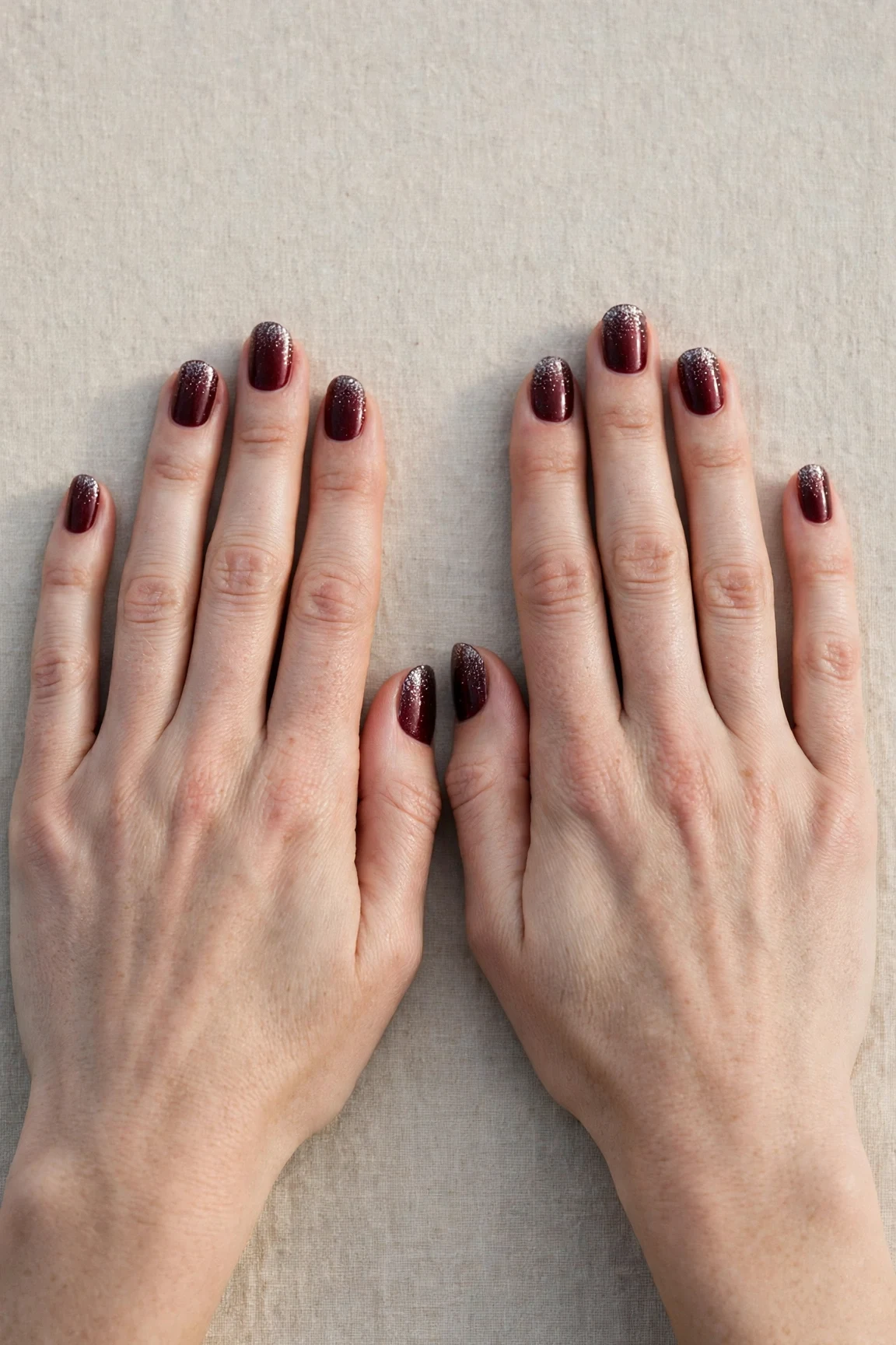 Short Oval Cherry Cola Velvet Finish Nails with a glitter gradient finish and silver shimmer tips