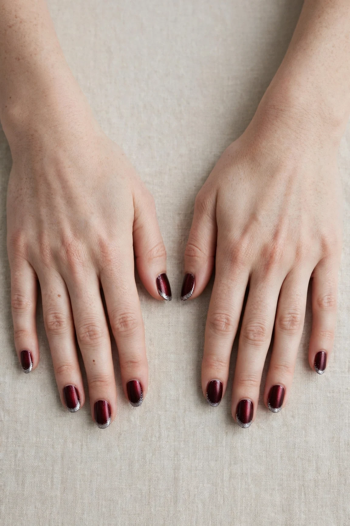 Oval Cherry Cola Velvet Finish Nails with a satin finish and silver shimmer tips