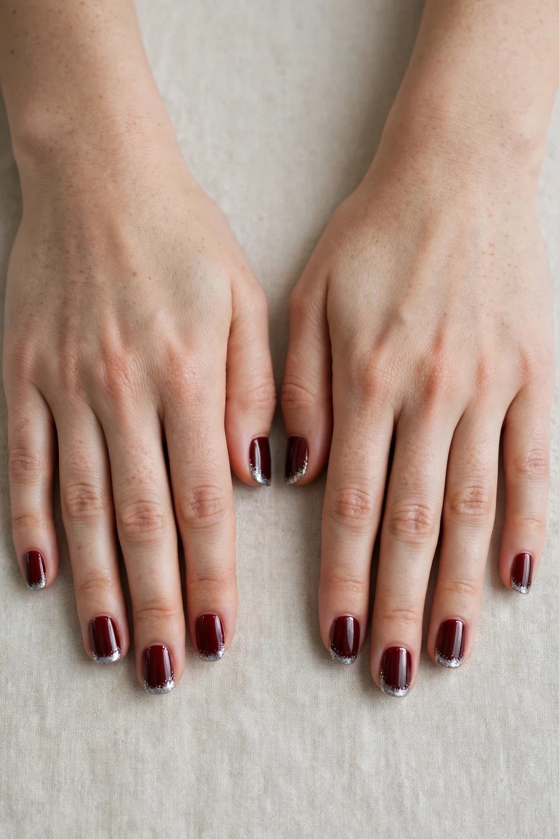 Short Square Cherry Cola Velvet Finish Nails with a glassy gel finish and silver shimmer tips