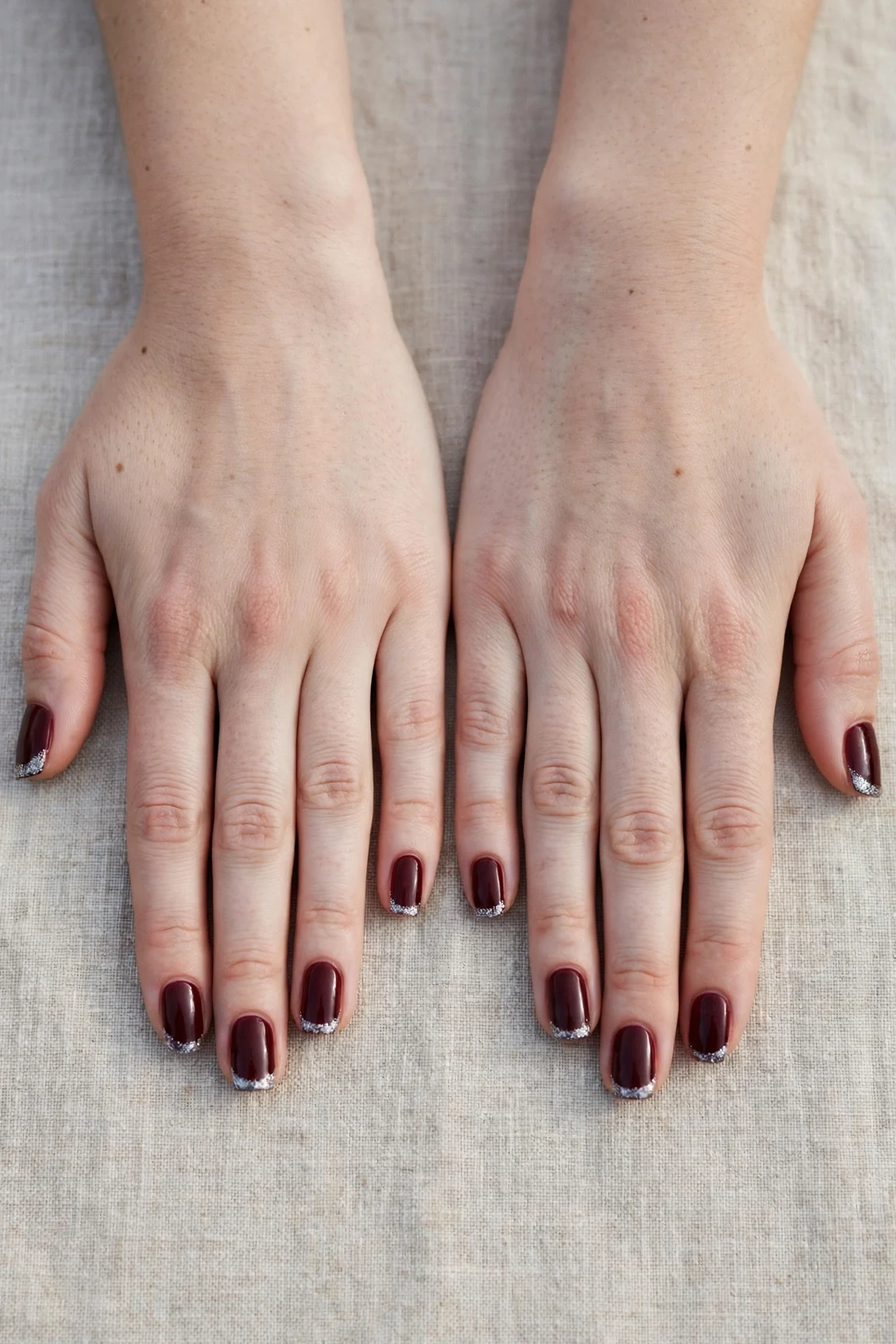 Squoval Cherry Cola Velvet Finish Nails with a creamy opaque finish and silver shimmer tips