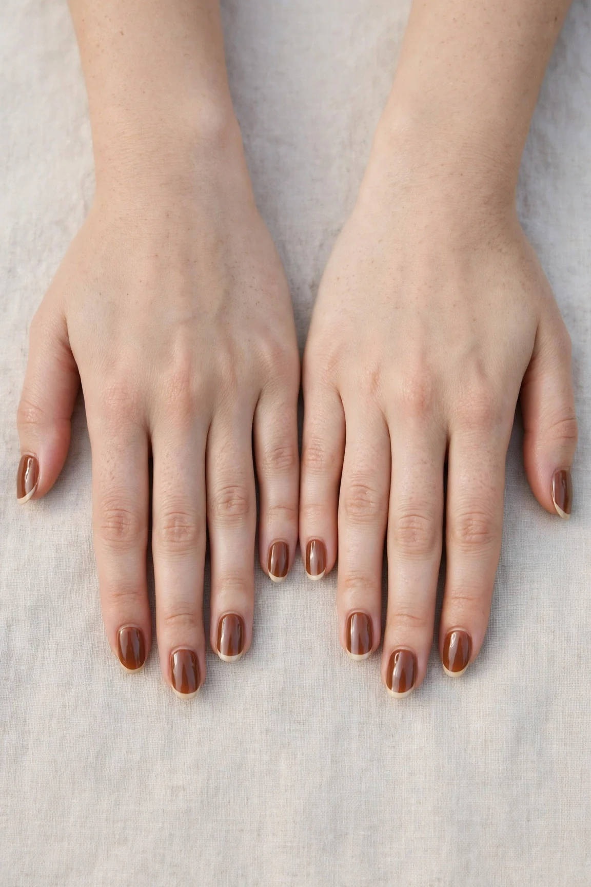 Chestnut Brown Christmas French Nails with a high-gloss finish and classic cream French tips