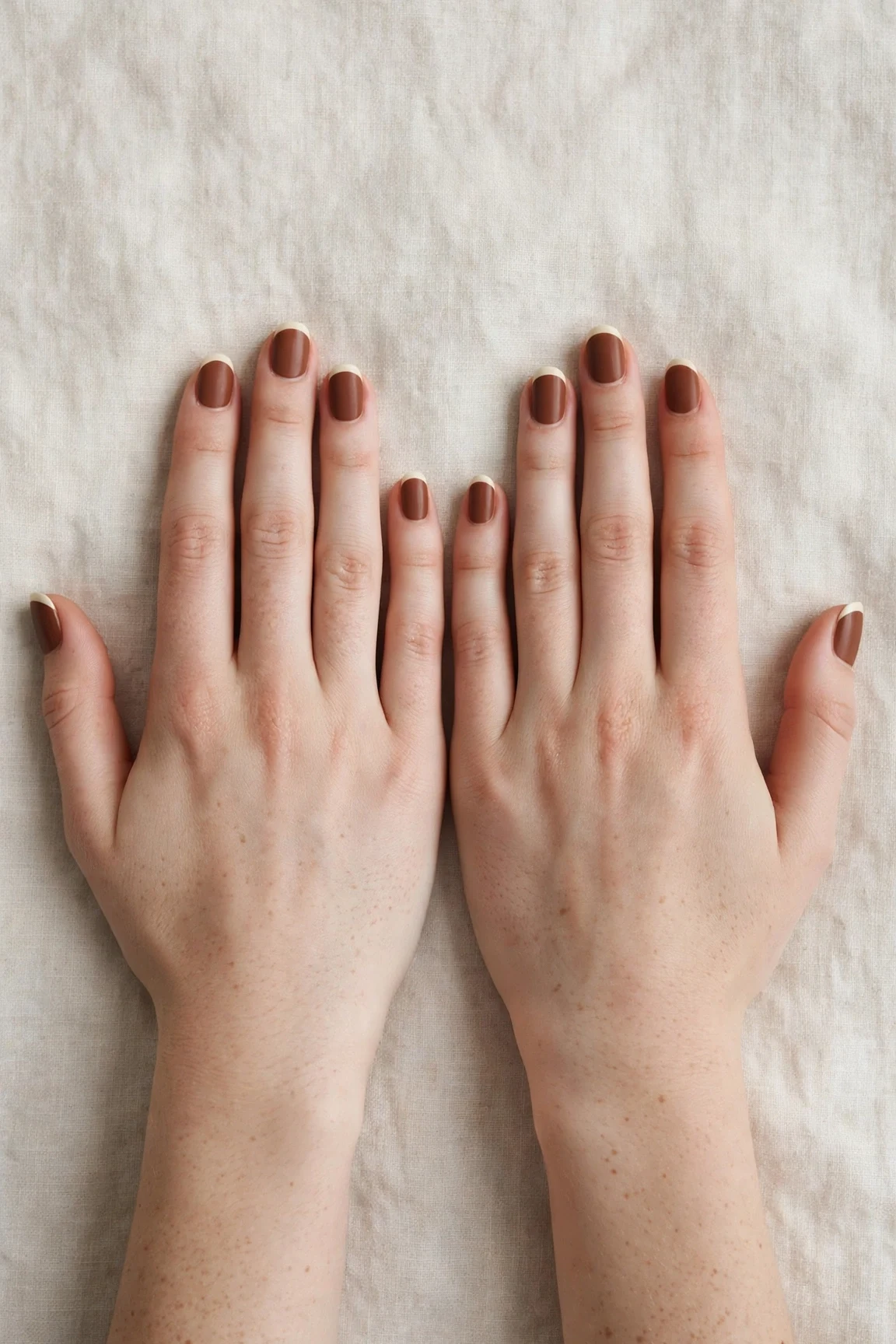 Chestnut Brown Christmas French Nails with a soft matte finish and classic cream French tips