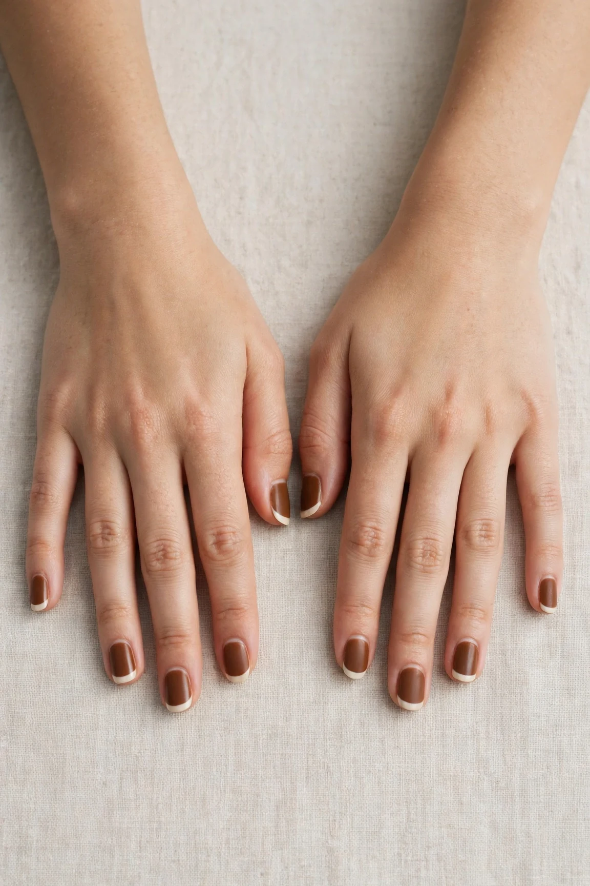 Chestnut Brown Christmas French Nails with a velvet matte finish and classic cream French tips