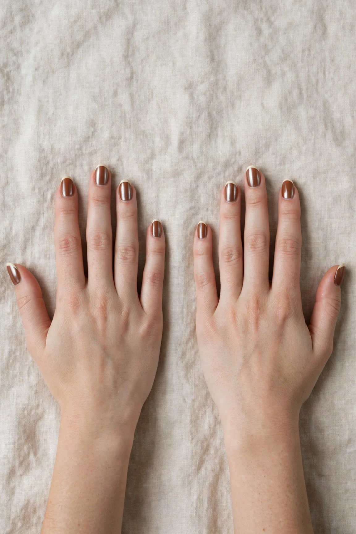 Chestnut Brown Christmas French Nails with a chrome shine and classic cream French tips